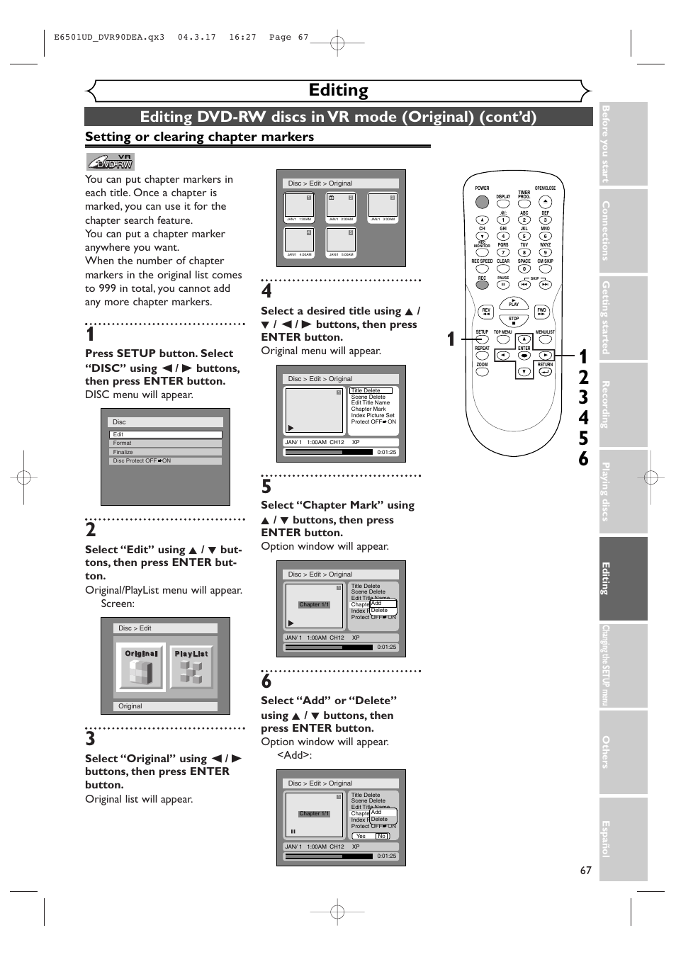 Editing, Setting or clearing chapter markers | Sylvania DVR90DEA User Manual | Page 67 / 100