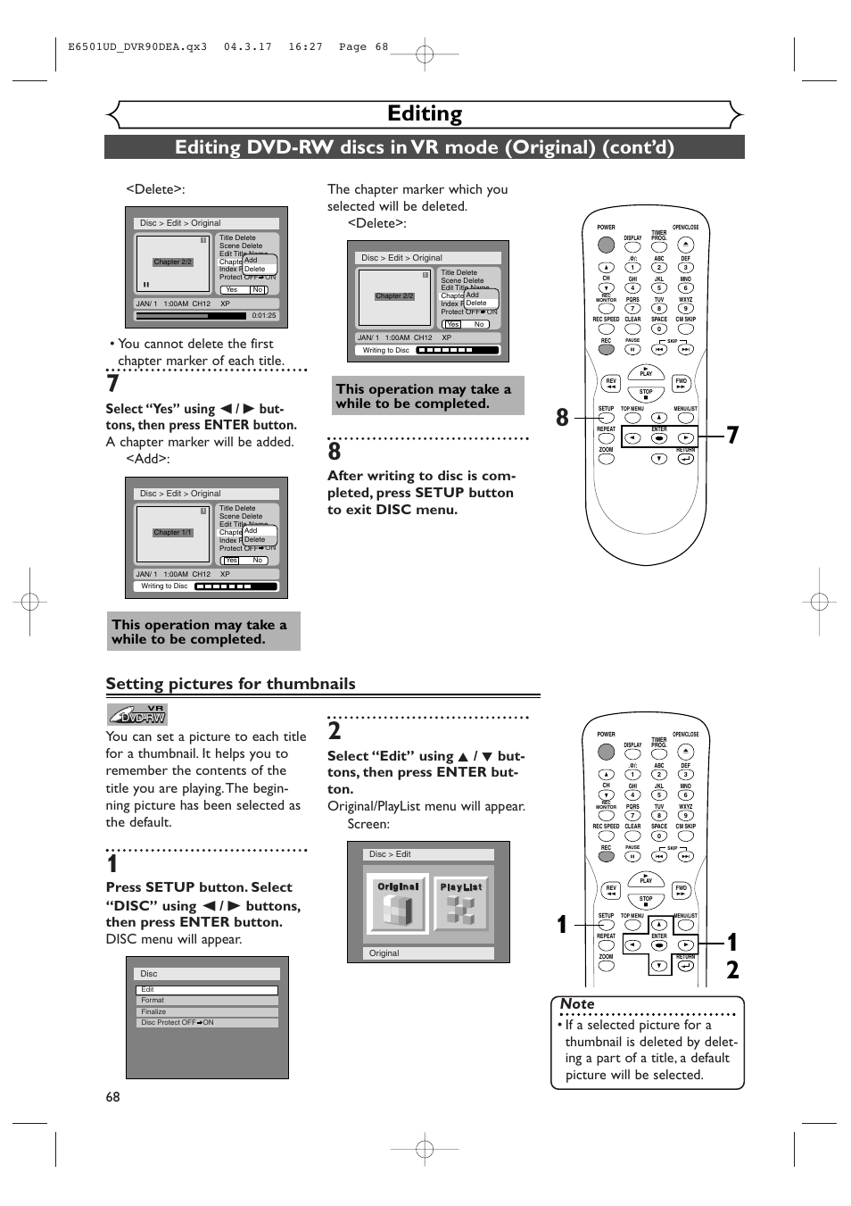 Editing, Setting pictures for thumbnails, This operation may take a while to be completed | Sylvania DVR90DEA User Manual | Page 68 / 100