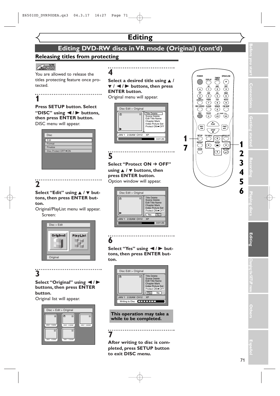 Editing, Releasing titles from protecting | Sylvania DVR90DEA User Manual | Page 71 / 100
