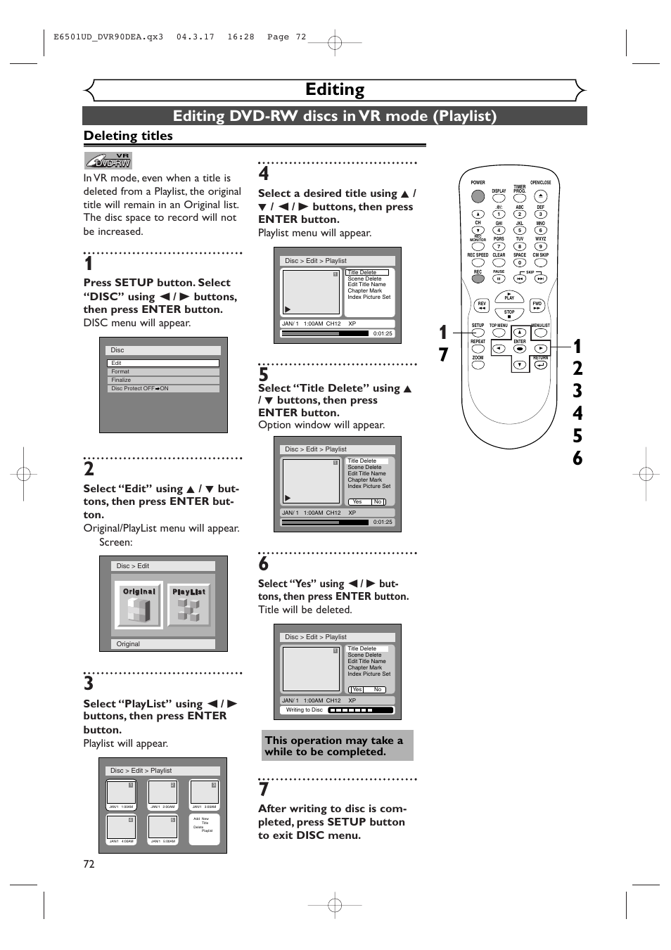 Editing, Editing dvd-rw discs in vr mode (playlist), Deleting titles | Sylvania DVR90DEA User Manual | Page 72 / 100