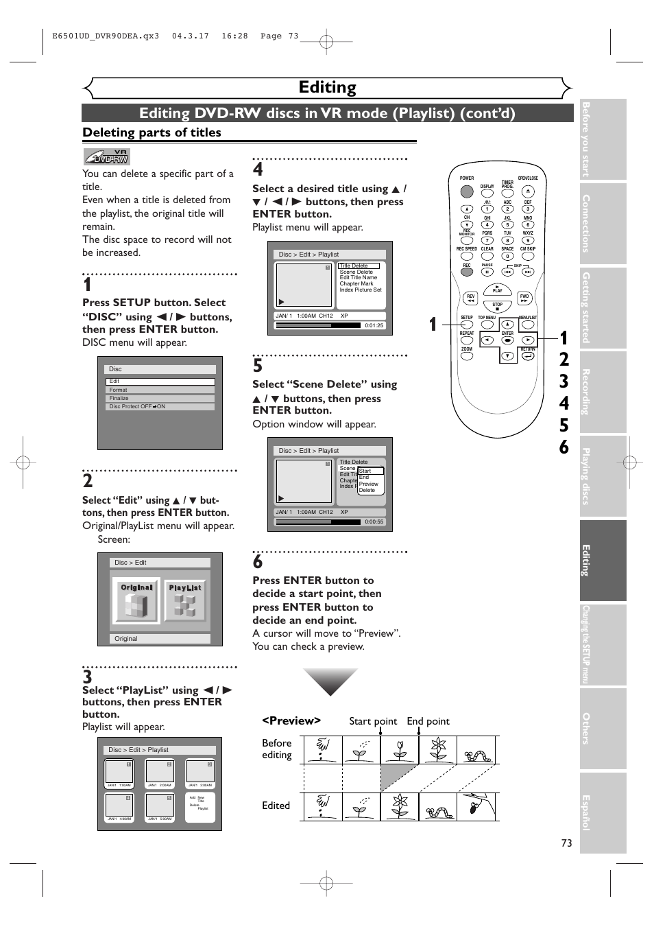 Editing, Deleting parts of titles, Preview | Before editing | Sylvania DVR90DEA User Manual | Page 73 / 100