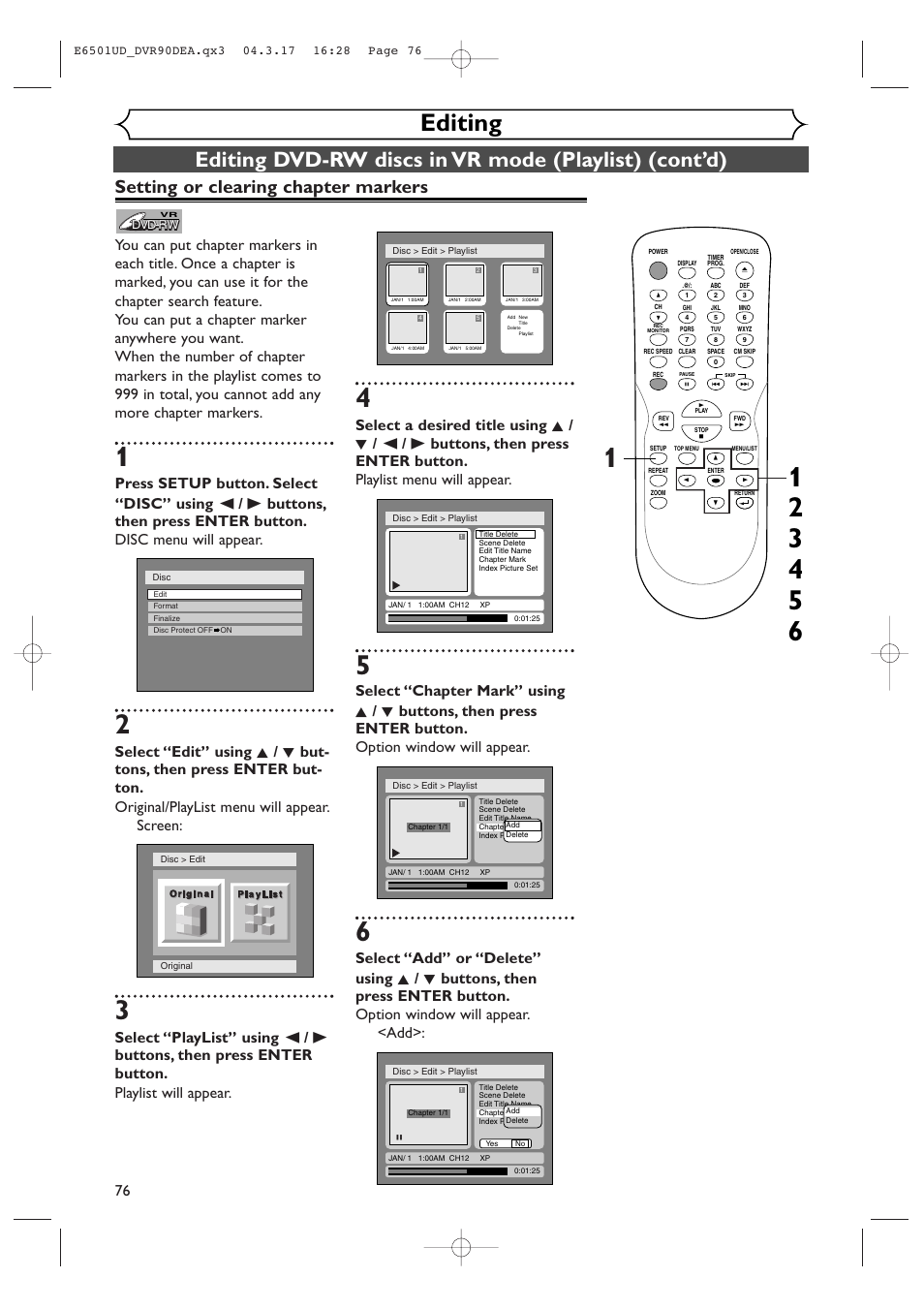 Editing, Setting or clearing chapter markers | Sylvania DVR90DEA User Manual | Page 76 / 100