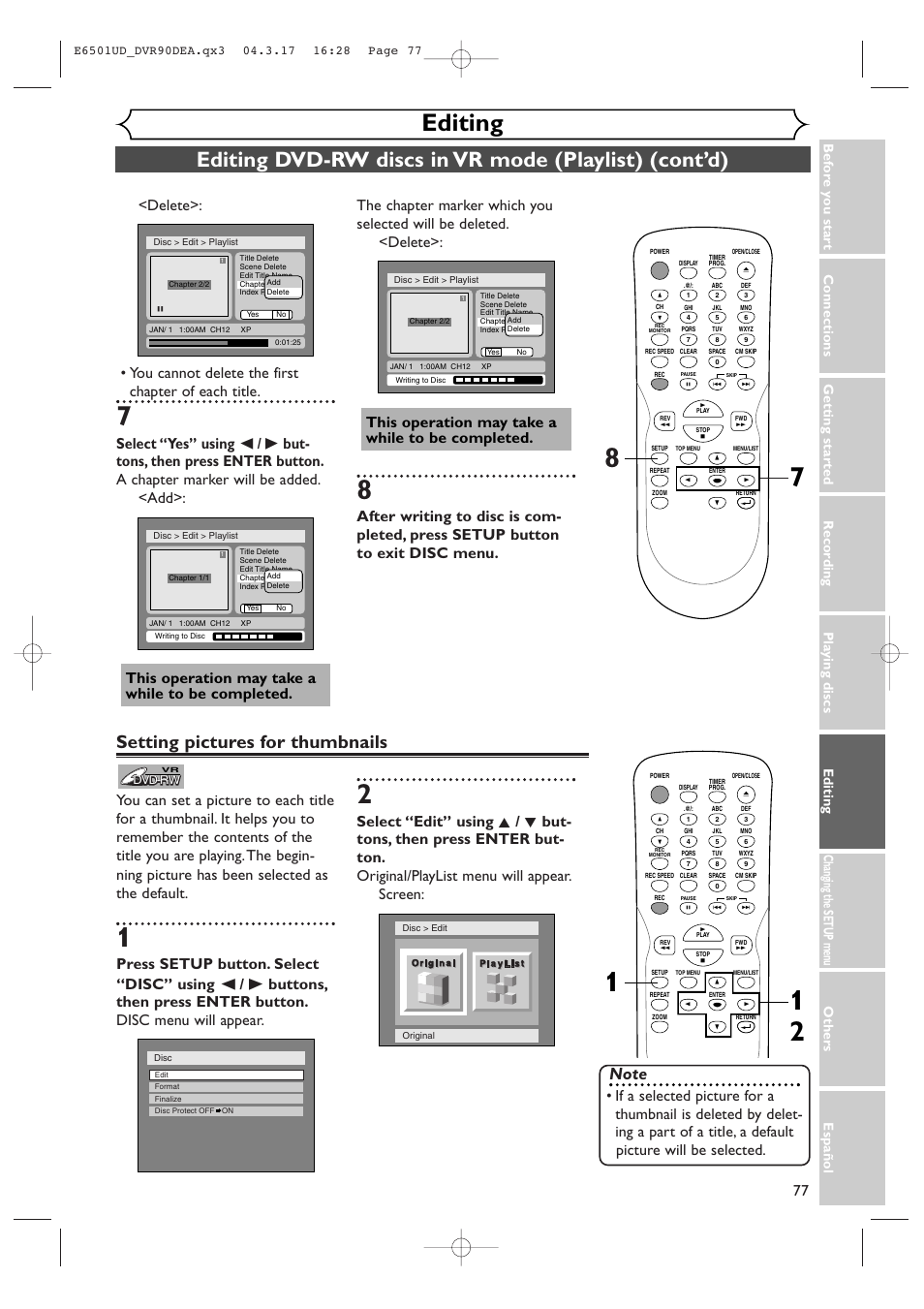 Editing, Setting pictures for thumbnails, This operation may take a while to be completed | Sylvania DVR90DEA User Manual | Page 77 / 100