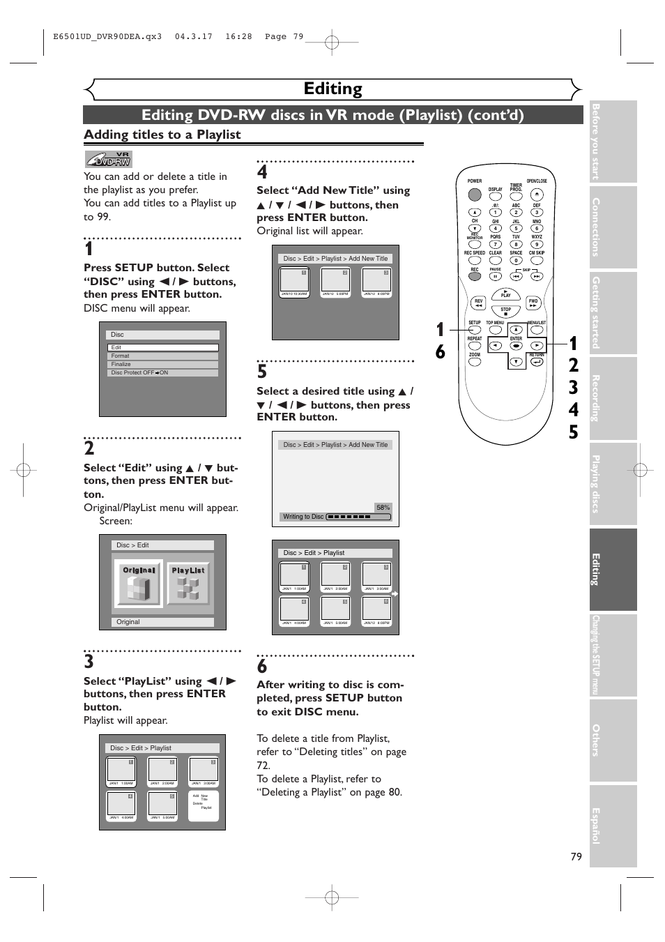 Editing, Adding titles to a playlist | Sylvania DVR90DEA User Manual | Page 79 / 100