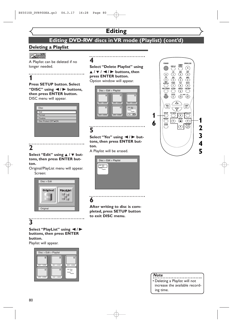 Editing, Deleting a playlist | Sylvania DVR90DEA User Manual | Page 80 / 100