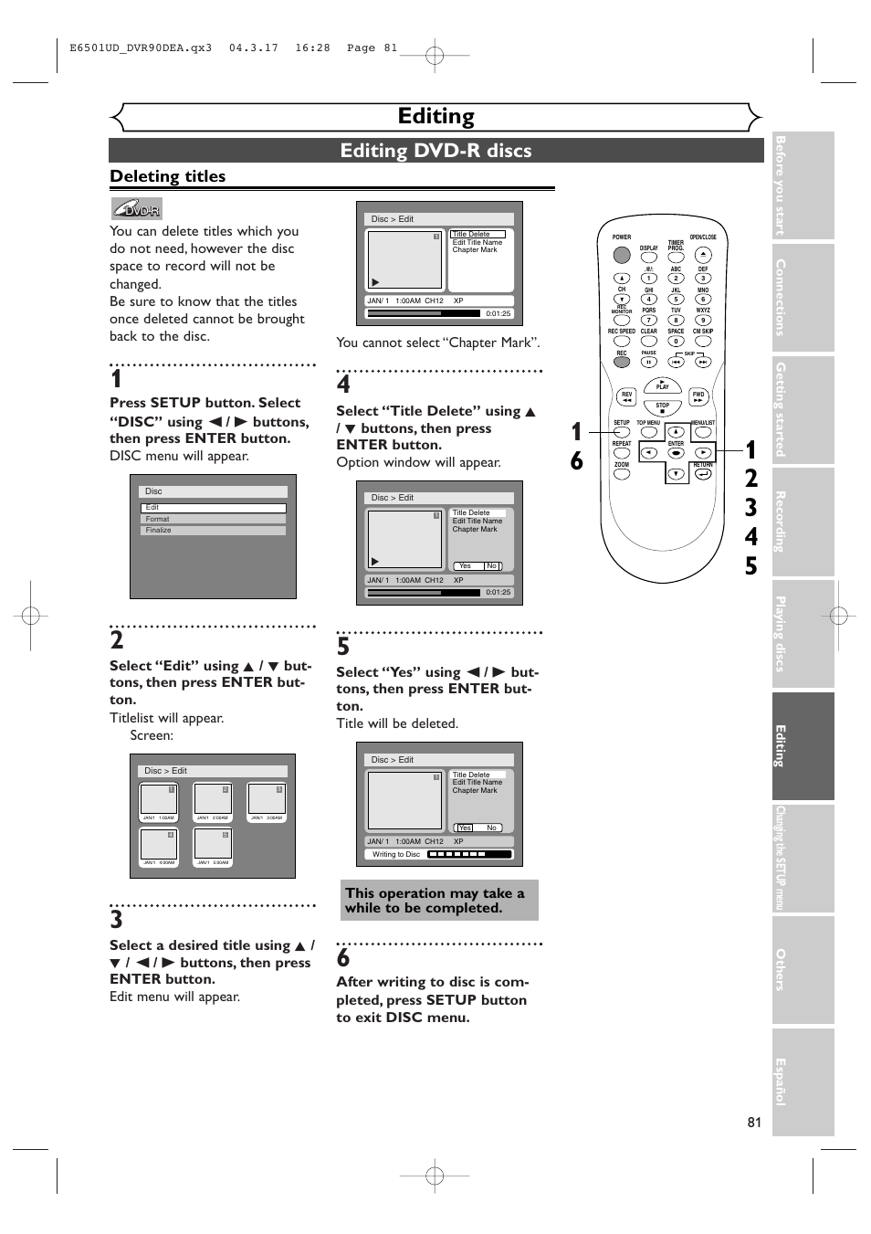 Editing, Editing dvd-r discs, Deleting titles | Sylvania DVR90DEA User Manual | Page 81 / 100