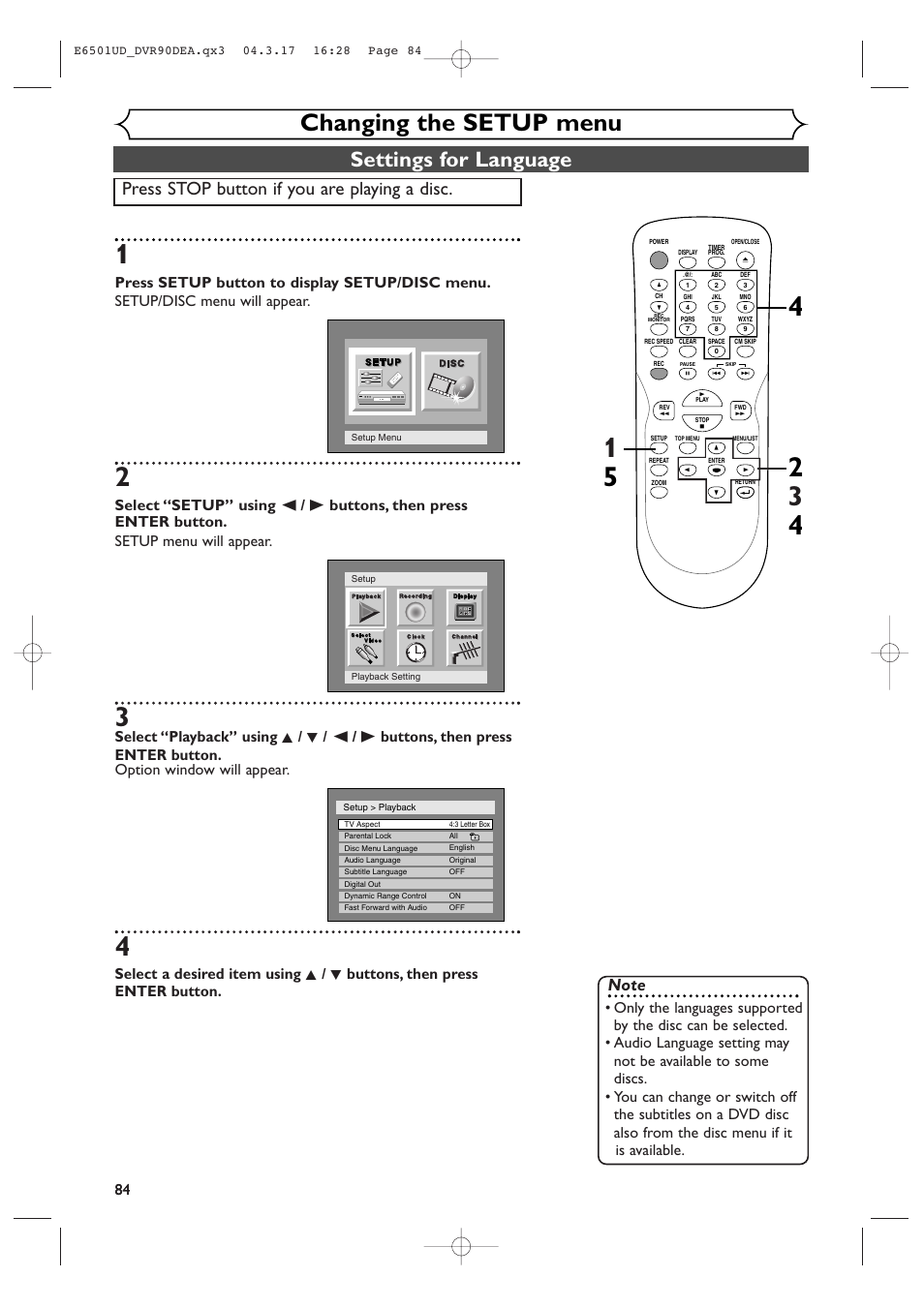 Changing the setup menu, Settings for language, Press stop button if you are playing a disc | Sylvania DVR90DEA User Manual | Page 84 / 100