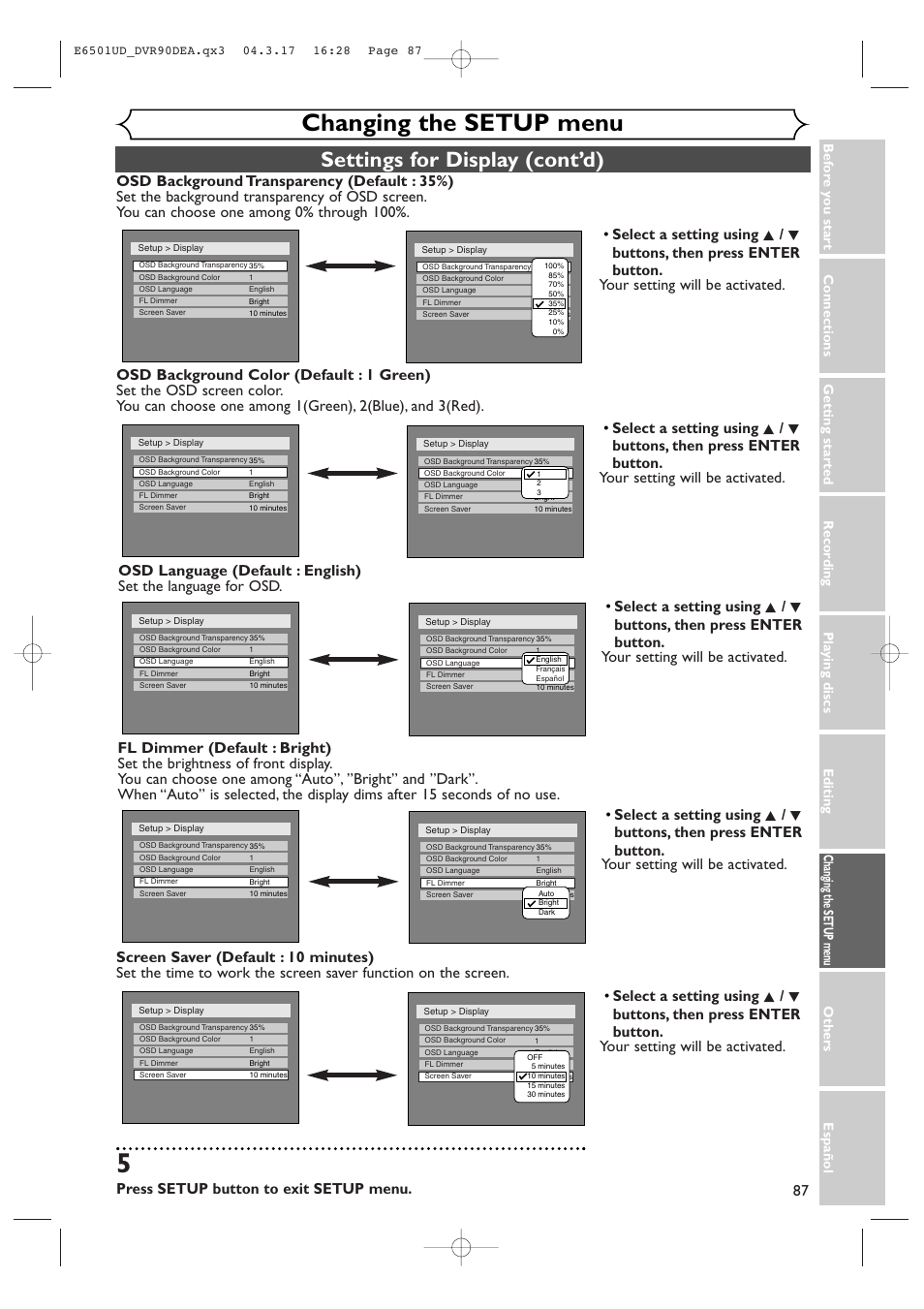 Changing the setup menu, Settings for display (cont’d), Press setup button to exit setup menu | Sylvania DVR90DEA User Manual | Page 87 / 100