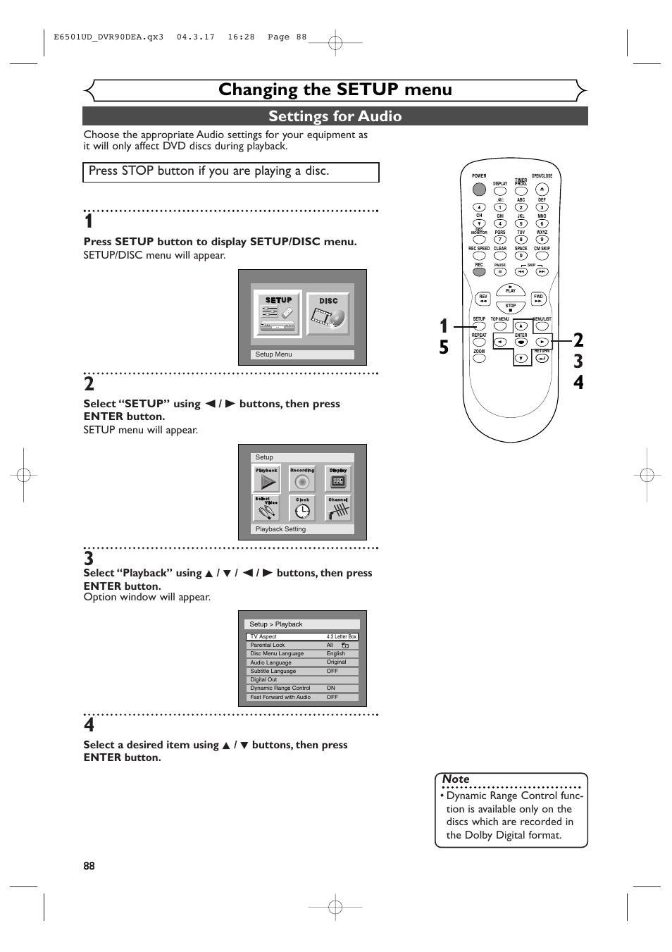 Changing the setup menu, Settings for audio, Press stop button if you are playing a disc | Sylvania DVR90DEA User Manual | Page 88 / 100
