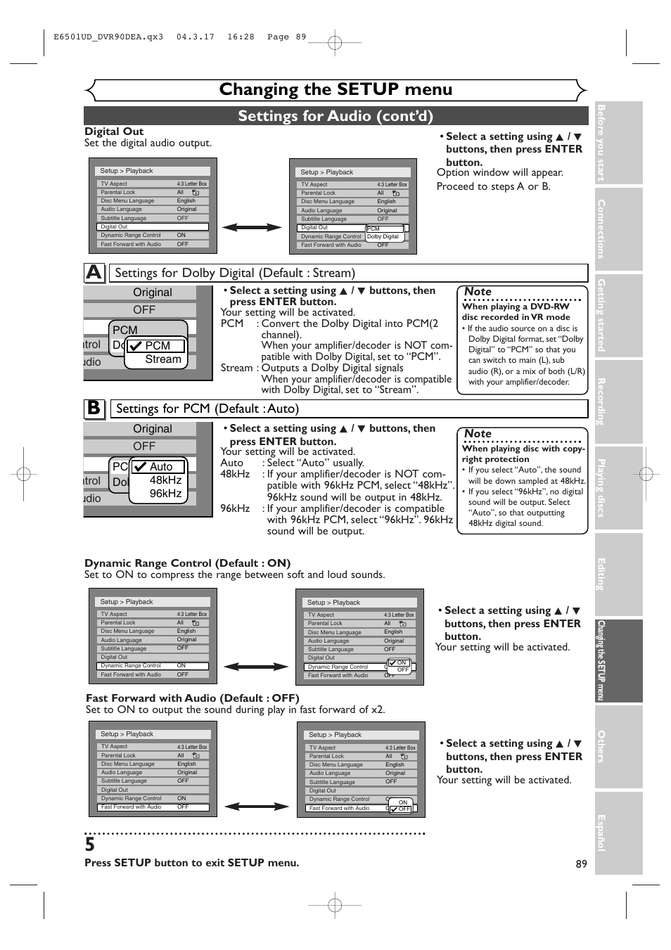 Changing the setup menu, Settings for audio (cont’d), Settings for dolby digital (default : stream) | Settings for pcm (default : auto), Press setup button to exit setup menu | Sylvania DVR90DEA User Manual | Page 89 / 100
