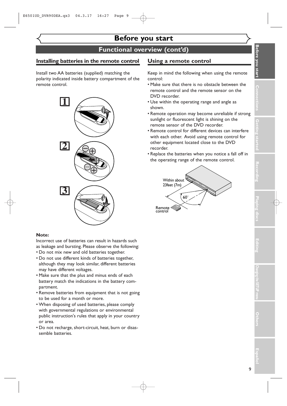 Before you start, Functional overview (cont’d), Using a remote control | Installing batteries in the remote control | Sylvania DVR90DEA User Manual | Page 9 / 100
