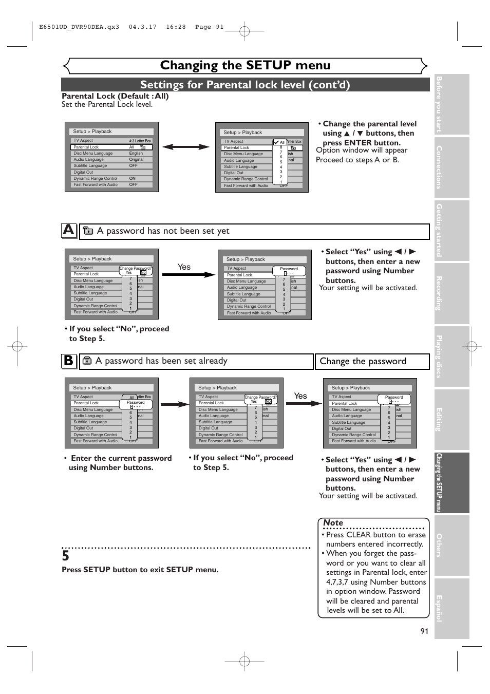 Changing the setup menu, Settings for parental lock level (cont’d), A password has been set already | Change the password, A password has not been set yet, Press setup button to exit setup menu, If you select “no”, proceed to step 5. yes yes | Sylvania DVR90DEA User Manual | Page 91 / 100