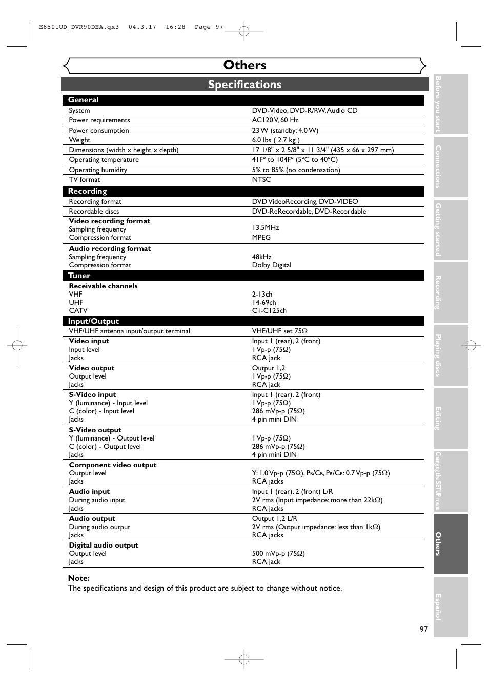 Others, Specifications | Sylvania DVR90DEA User Manual | Page 97 / 100