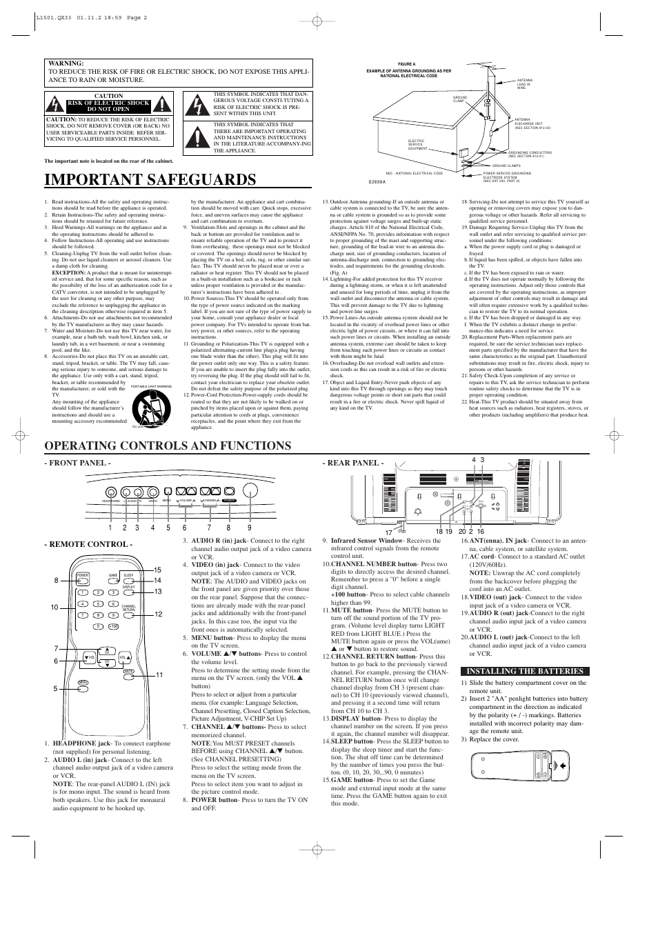Important safeguards, Operating controls and functions, Front panel - - rear panel | Installing the batteries | Sylvania 6427CTB User Manual | Page 2 / 4