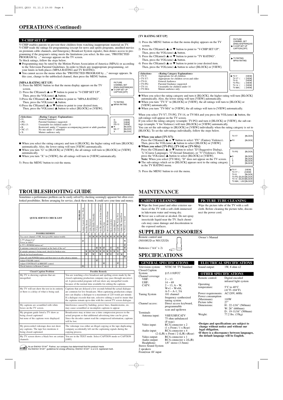 Specifications operations (continued), Troubleshooting guide, Maintenance | Supplied accessories | Sylvania 6427CTB User Manual | Page 4 / 4