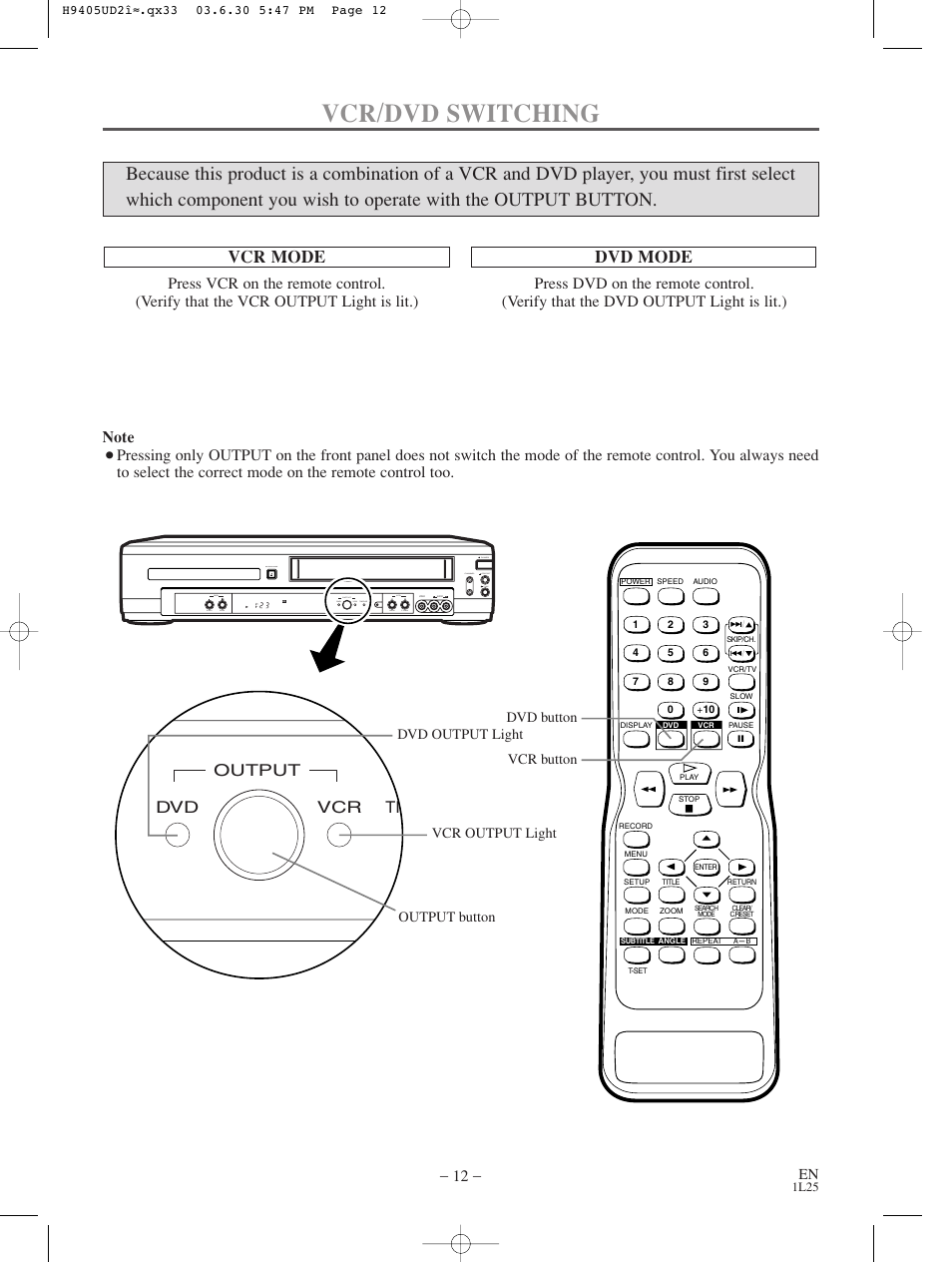 Vcr/dvd switching, Vcr mode, Dvd mode | Vcr dvd tim output | Sylvania SRD3900 User Manual | Page 12 / 44