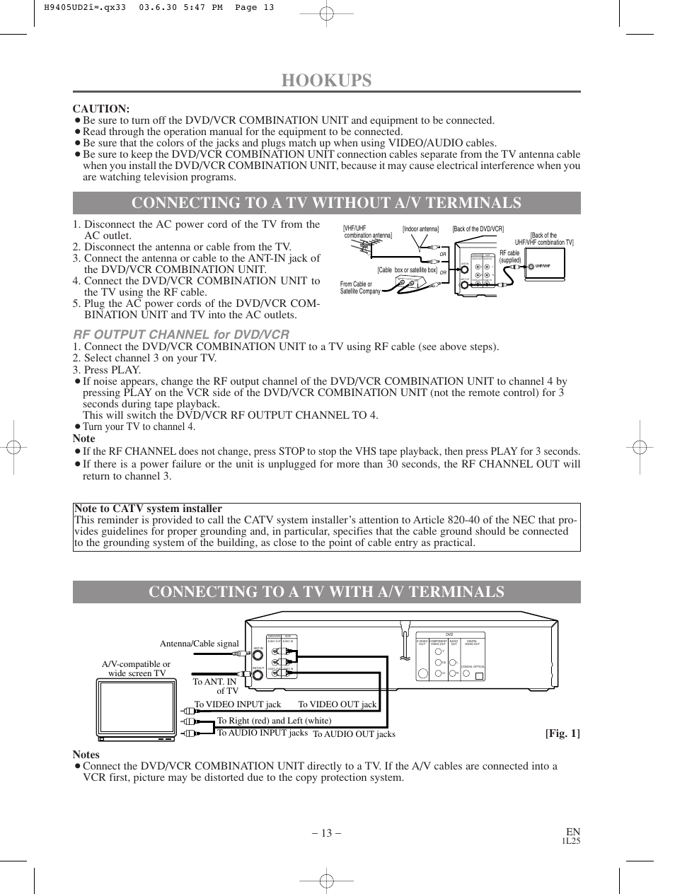 Hookups, Connecting to a tv with a/v terminals, Connecting to a tv without a/v terminals | Rf output channel for dvd/vcr, Caution | Sylvania SRD3900 User Manual | Page 13 / 44