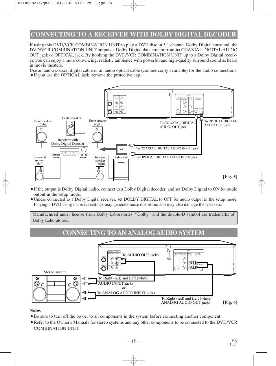 Connecting to an analog audio system, Fig. 6 | Sylvania SRD3900 User Manual | Page 15 / 44