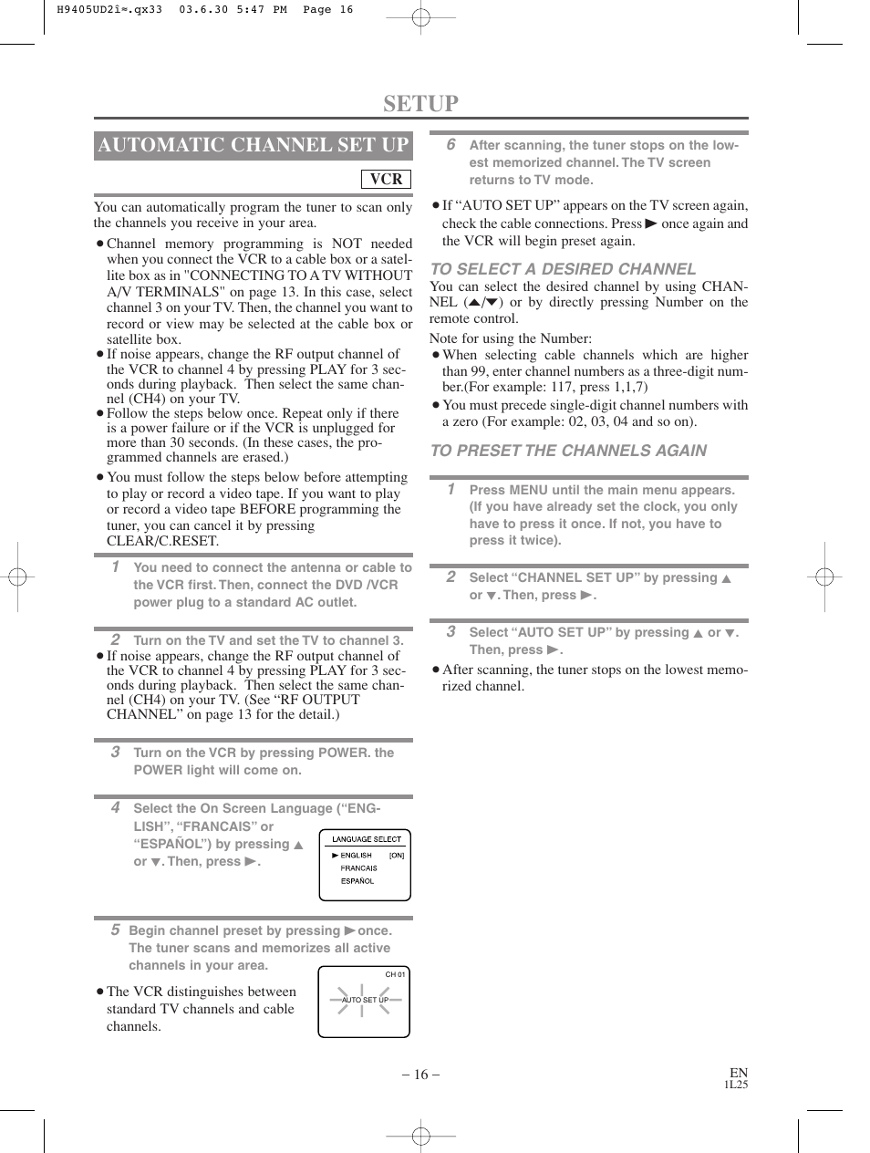 Setup, Automatic channel set up | Sylvania SRD3900 User Manual | Page 16 / 44