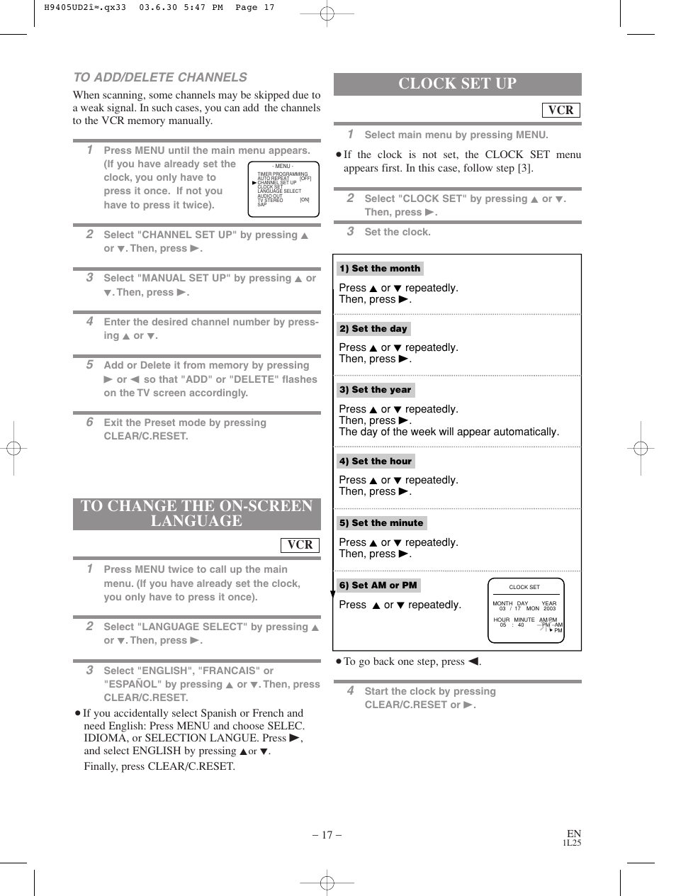 Clock set up, Vcr to add/delete channels | Sylvania SRD3900 User Manual | Page 17 / 44