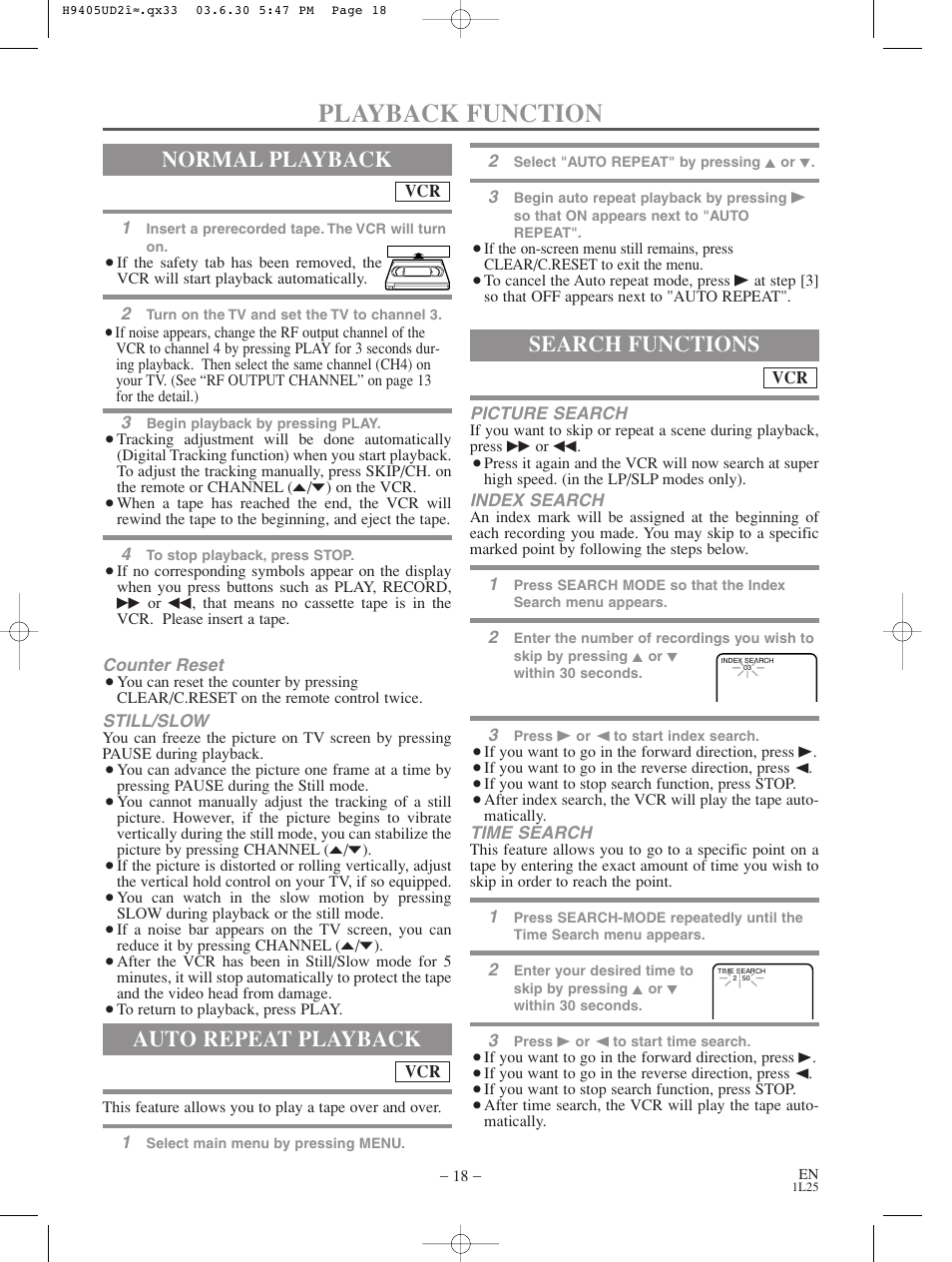 Playback function, Normal playback, Auto repeat playback | Search functions | Sylvania SRD3900 User Manual | Page 18 / 44