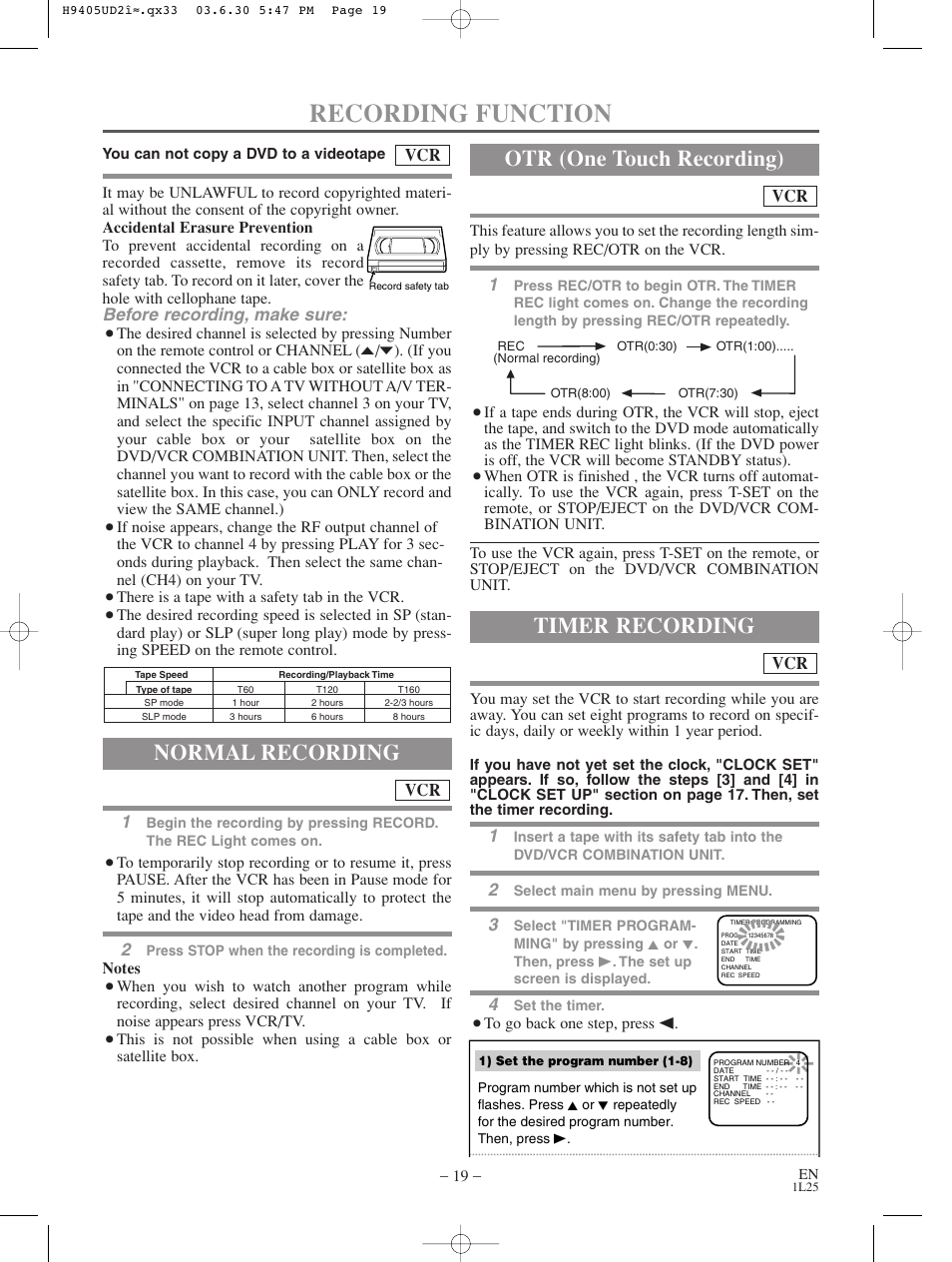 Recording function, Normal recording, Otr (one touch recording) | Timer recording | Sylvania SRD3900 User Manual | Page 19 / 44