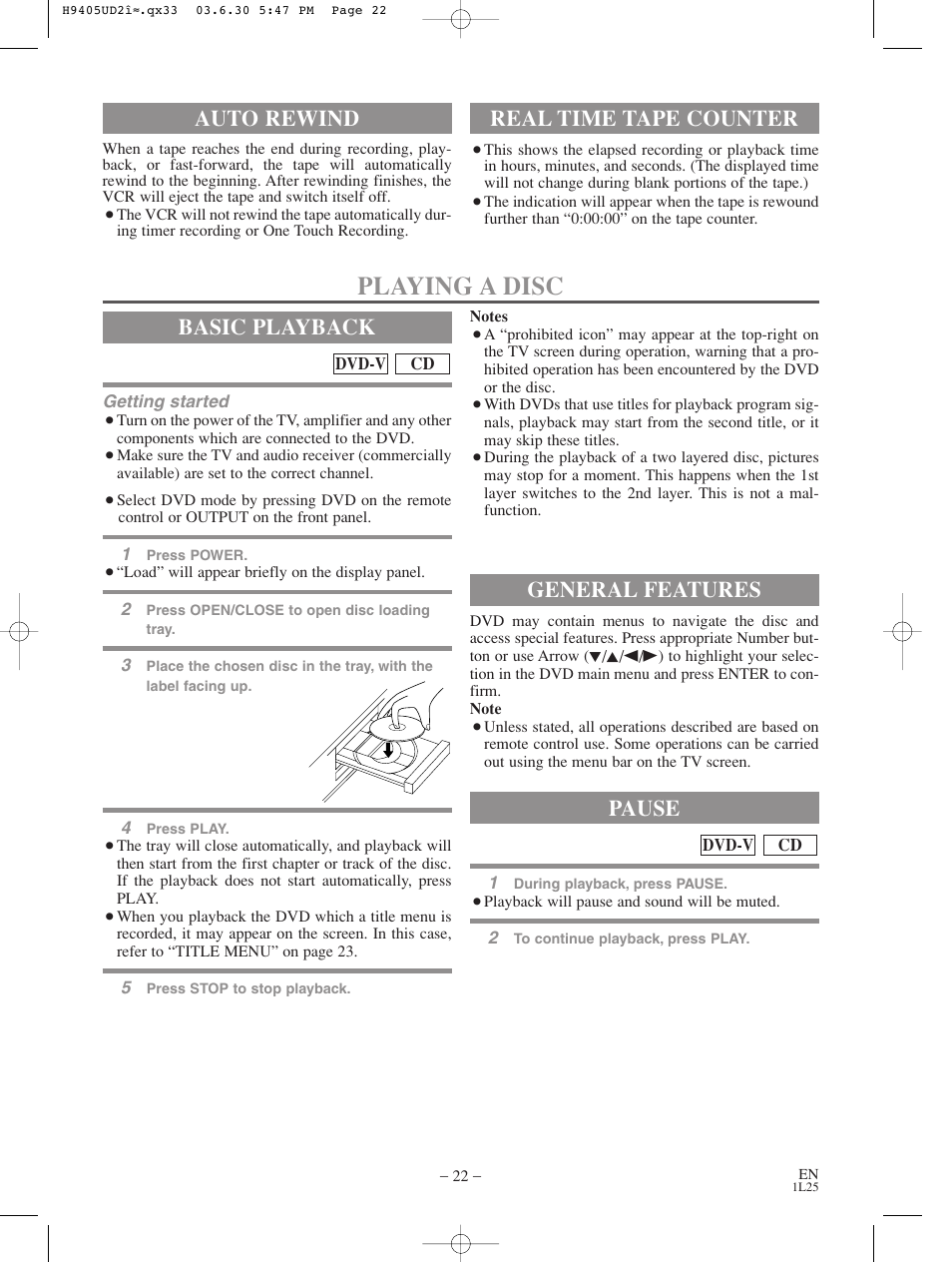 Playing a disc, Basic playback, Auto rewind | Real time tape counter, General features, Pause | Sylvania SRD3900 User Manual | Page 22 / 44