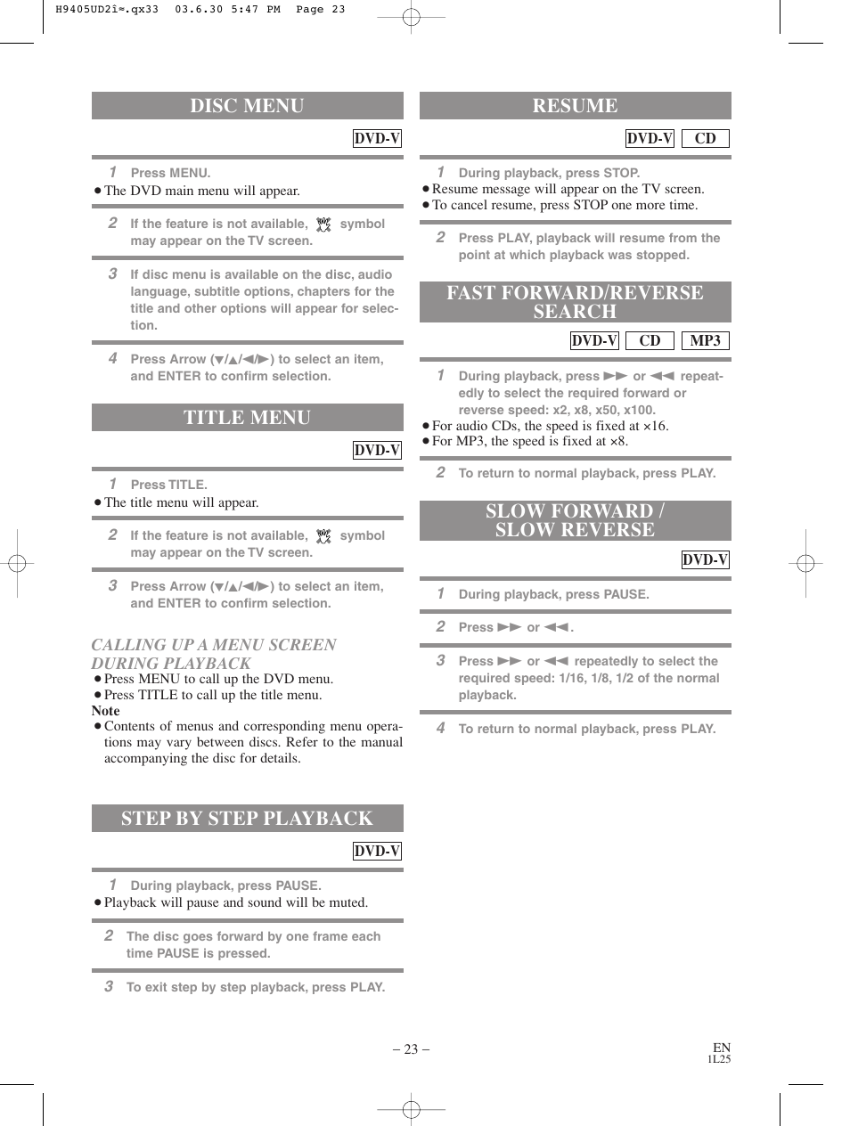 Title menu, Step by step playback, Resume | Disc menu | Sylvania SRD3900 User Manual | Page 23 / 44