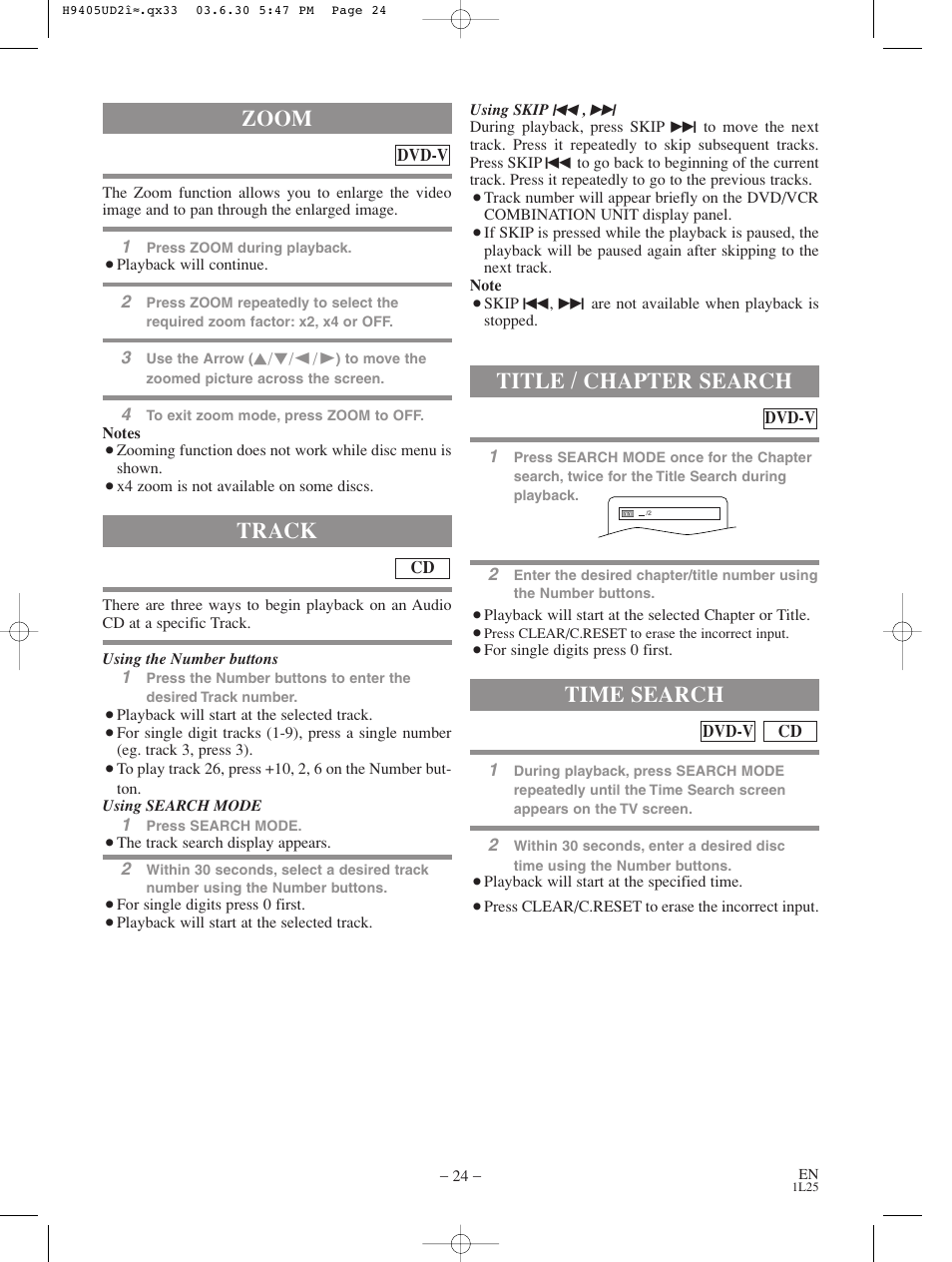 Track, Zoom, Title / chapter search | Time search | Sylvania SRD3900 User Manual | Page 24 / 44