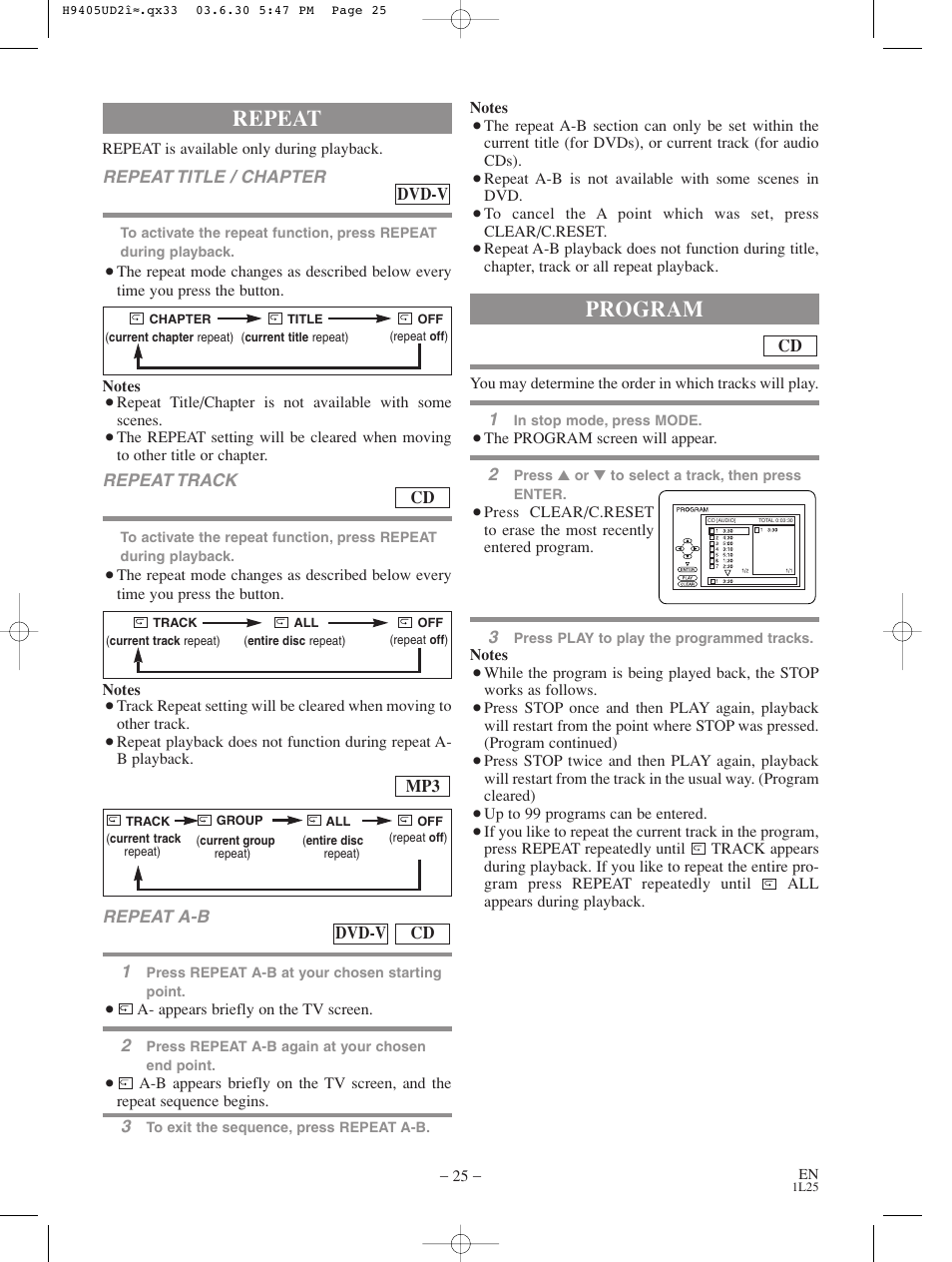 Repeat, Program | Sylvania SRD3900 User Manual | Page 25 / 44