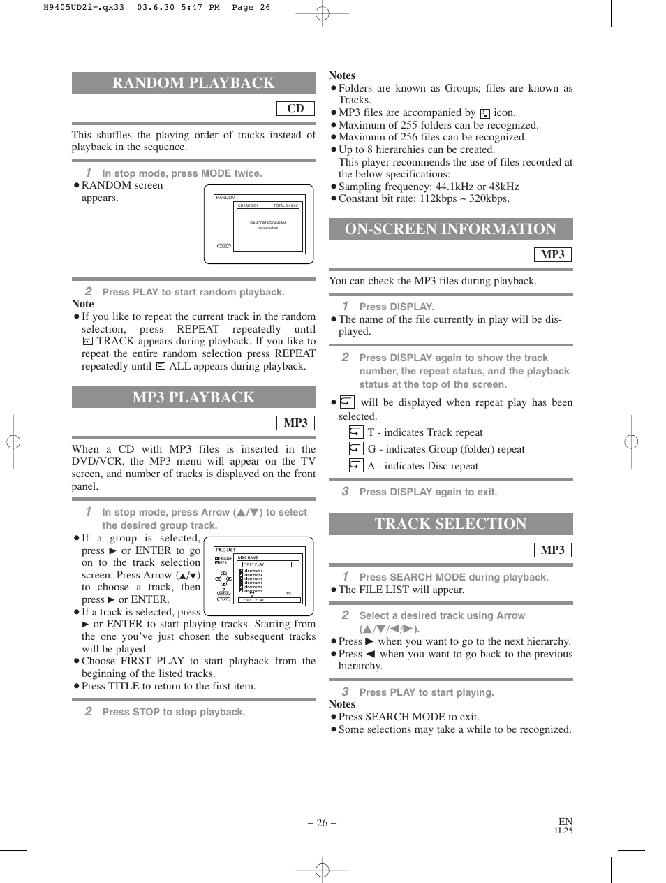 Random playback, Mp3 playback, On-screen information | Track selection | Sylvania SRD3900 User Manual | Page 26 / 44