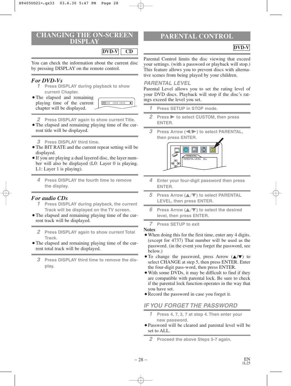 Changing the on-screen display, Parental control, For dvd-vs | For audio cds, If you forget the password | Sylvania SRD3900 User Manual | Page 28 / 44