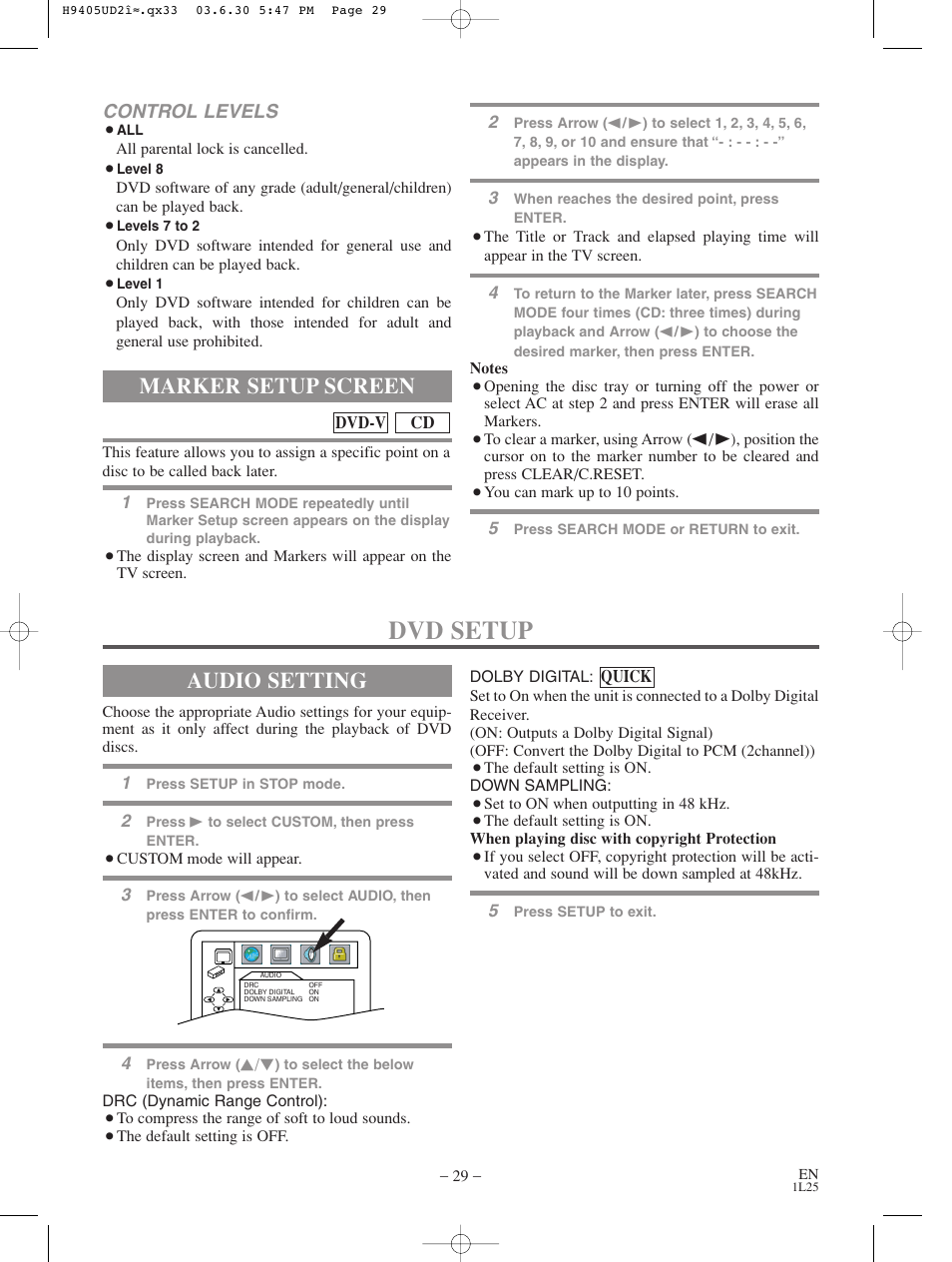 Dvd setup, Marker setup screen, Audio setting | Control levels | Sylvania SRD3900 User Manual | Page 29 / 44