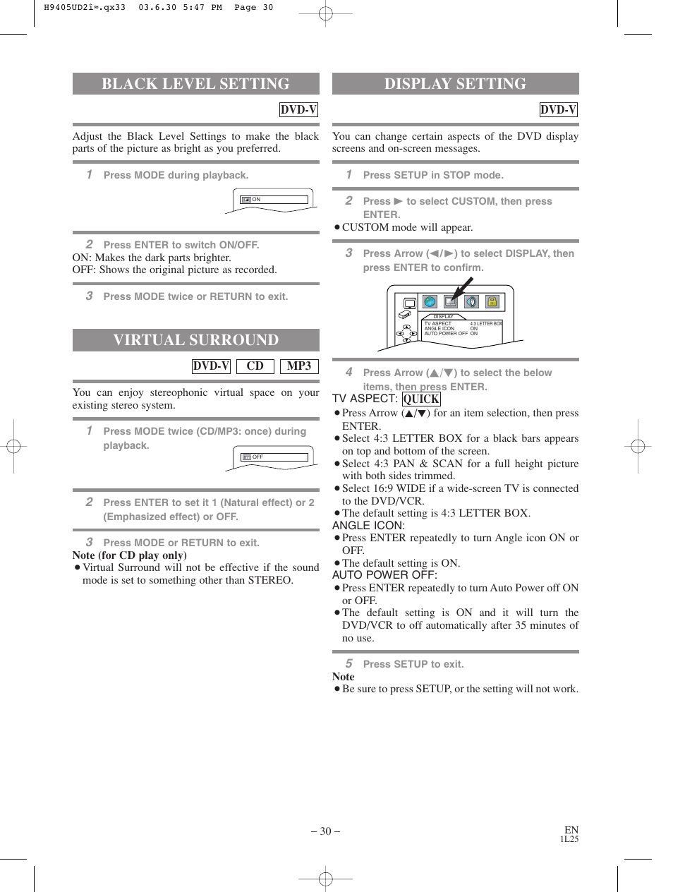 Black level setting, Virtual surround, Display setting | Sylvania SRD3900 User Manual | Page 30 / 44