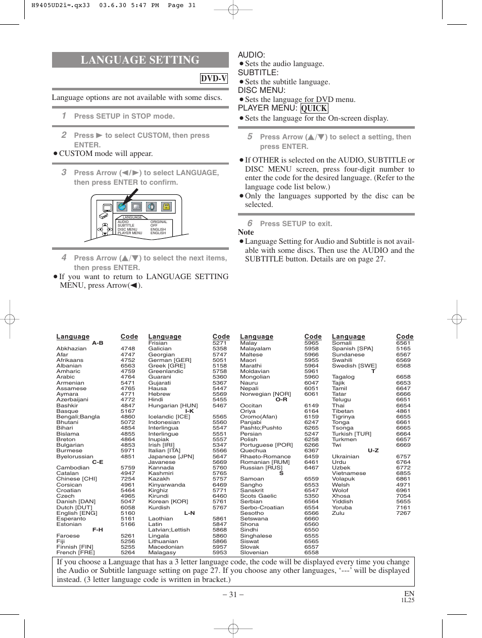 Language setting, Dvd-v, Quick | Language options are not available with some discs, Custom mode will appear, Sets the audio language. subtitle, Sets the subtitle language. disc menu, Sets the language for dvd menu. player menu, Sets the language for the on-screen display | Sylvania SRD3900 User Manual | Page 31 / 44