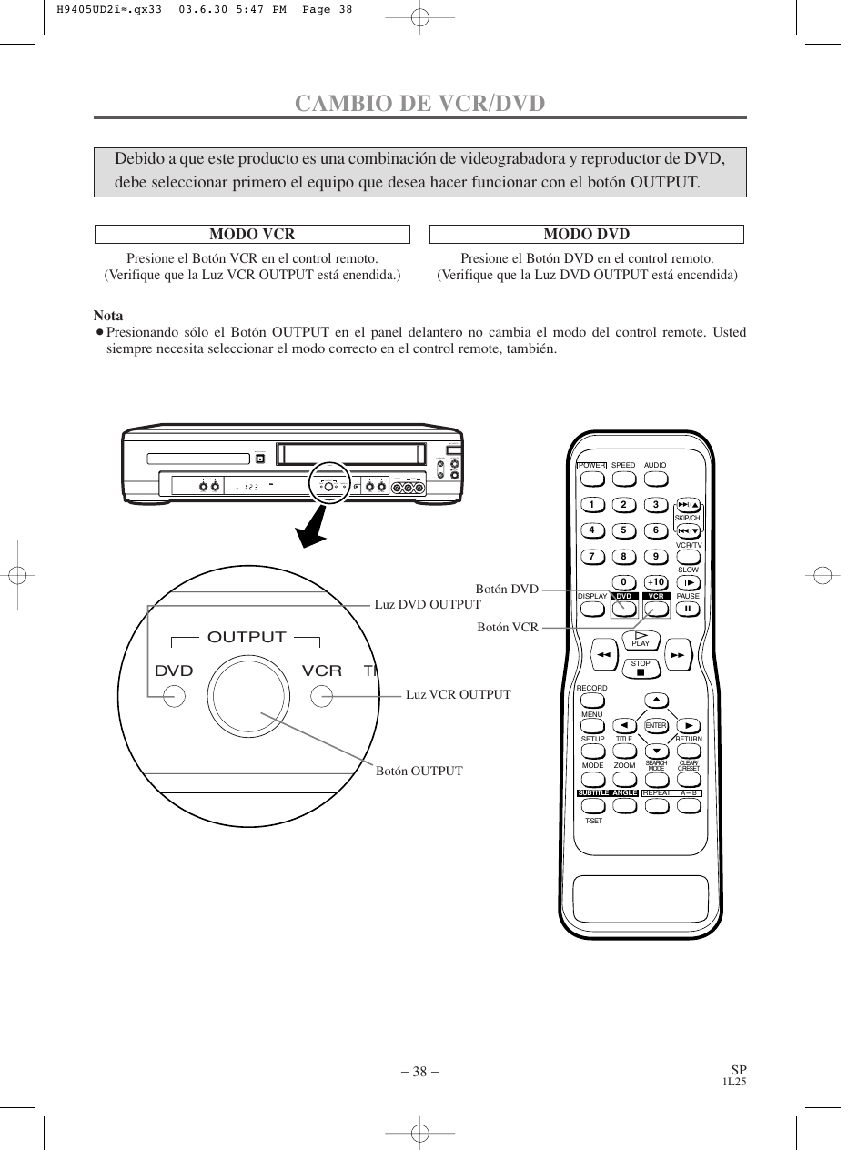 Cambio de vcr/dvd, Modo vcr, Modo dvd | Vcr dvd tim output, Nota | Sylvania SRD3900 User Manual | Page 38 / 44