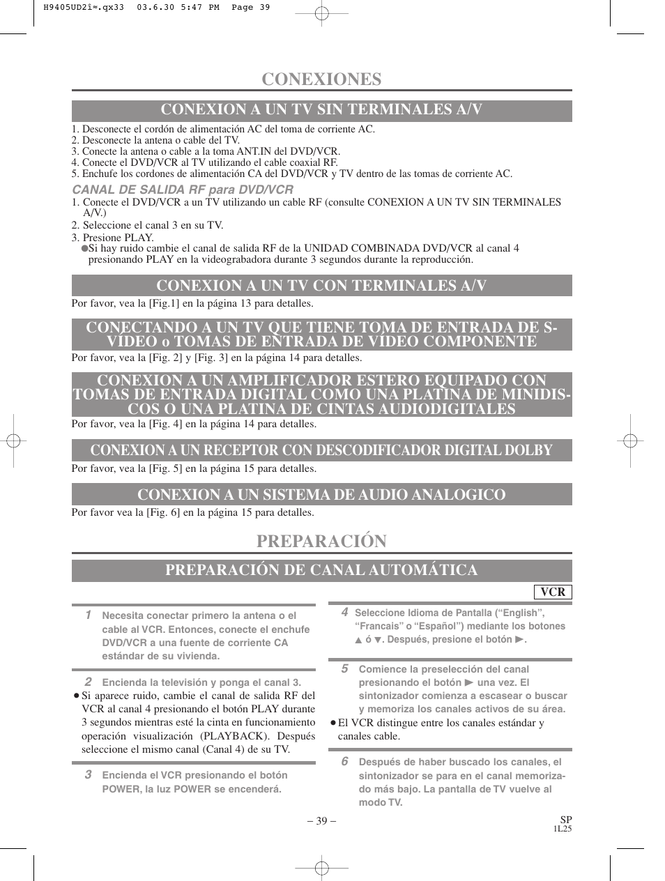 Conexiones, Preparación, Conexion a un sistema de audio analogico | Preparación de canal automática | Sylvania SRD3900 User Manual | Page 39 / 44