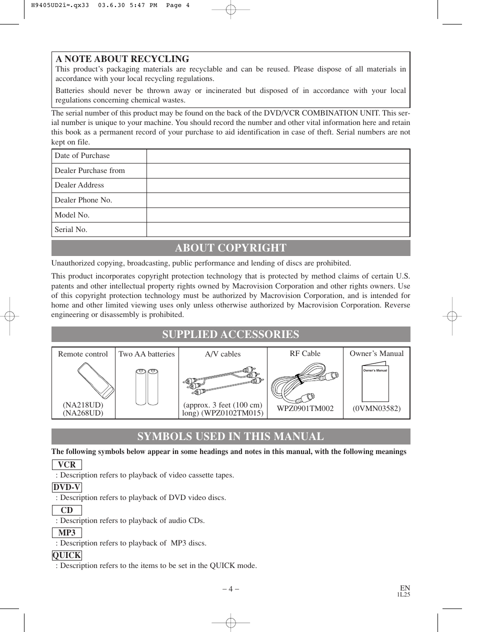 About copyright, Symbols used in this manual, Supplied accessories | Sylvania SRD3900 User Manual | Page 4 / 44
