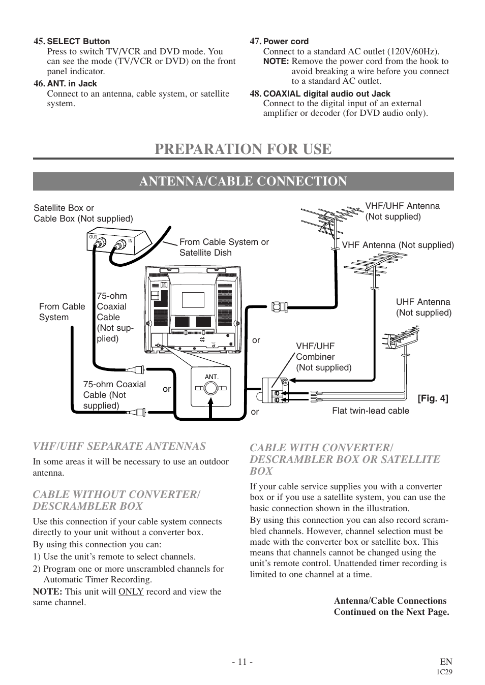 Preparation for use, Antenna/cable connection, Cable without converter/ descrambler box | Vhf/uhf separate antennas | Sylvania 6719DE User Manual | Page 11 / 56