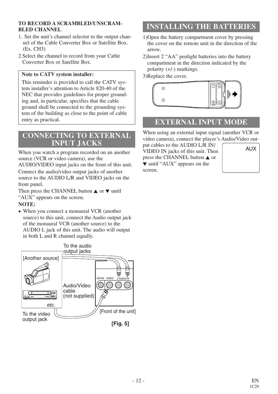 Installing the batteries, External input mode, Connecting to external input jacks | Sylvania 6719DE User Manual | Page 12 / 56