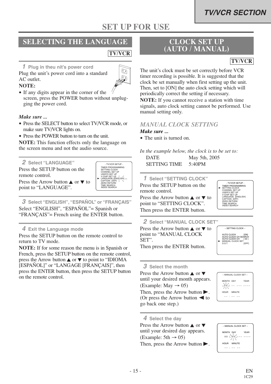 Set up for use, Clock set up (auto / manual), Manual clock setting | Tv/vcr | Sylvania 6719DE User Manual | Page 15 / 56