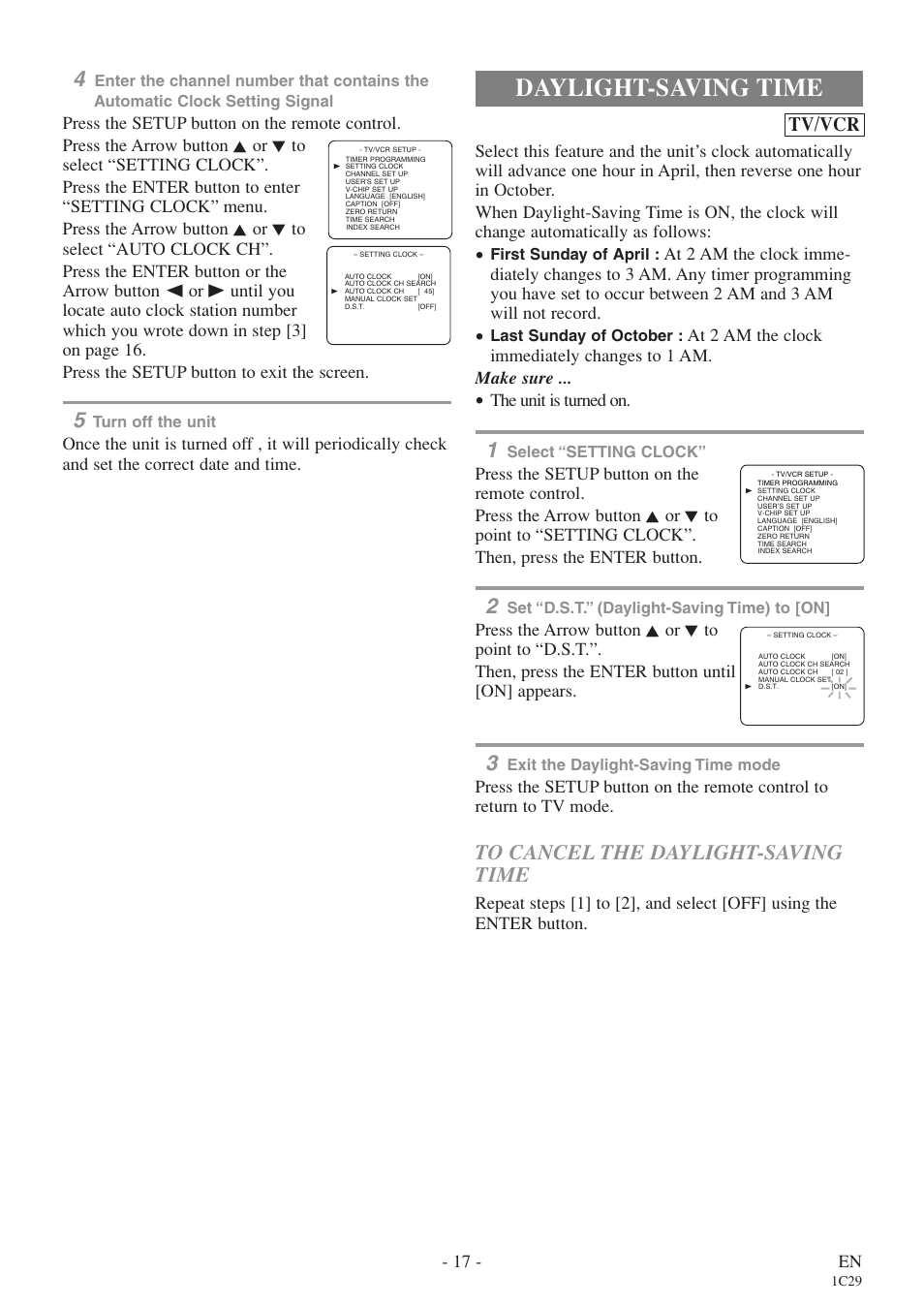 Daylight-saving time, Tv/vcr, 17 - en | The unit is turned on | Sylvania 6719DE User Manual | Page 17 / 56