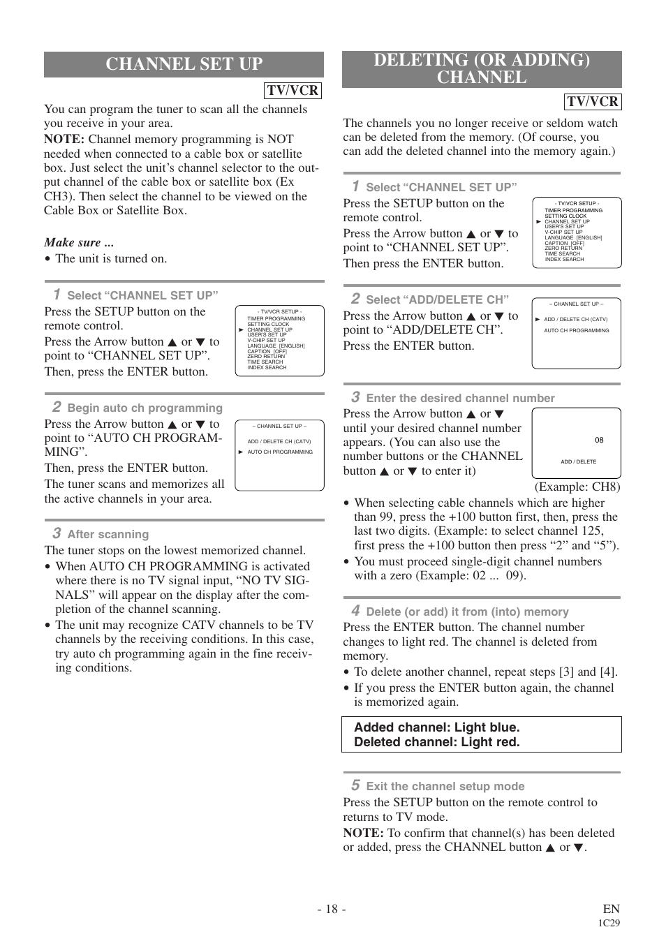 Channel set up, Deleting (or adding) channel, Tv/vcr | Sylvania 6719DE User Manual | Page 18 / 56