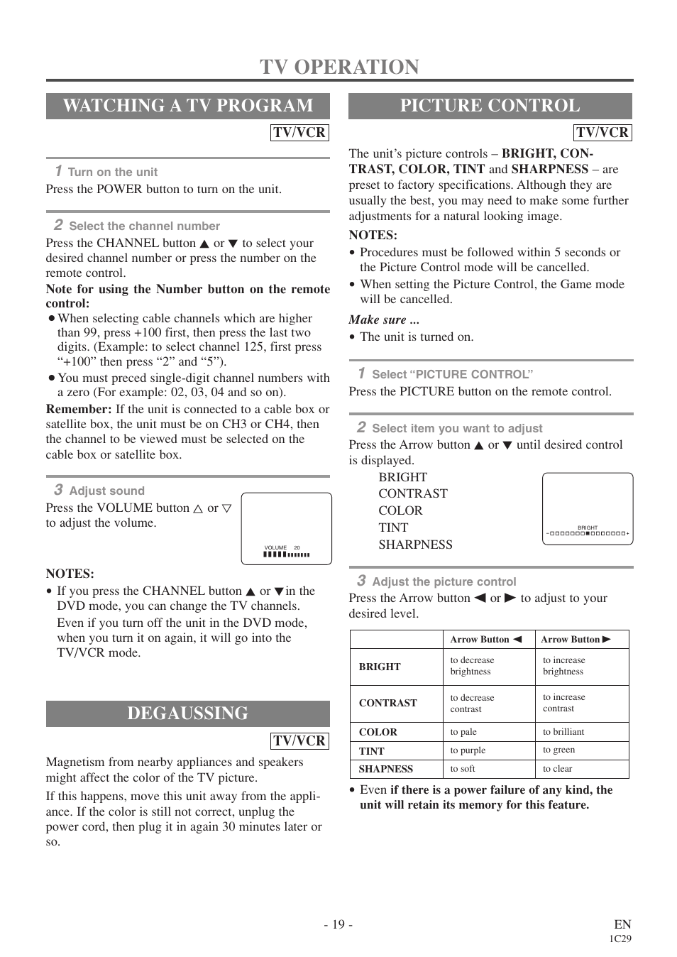 Tv operation, Degaussing, Watching a tv program | Picture control, Tv/vcr | Sylvania 6719DE User Manual | Page 19 / 56