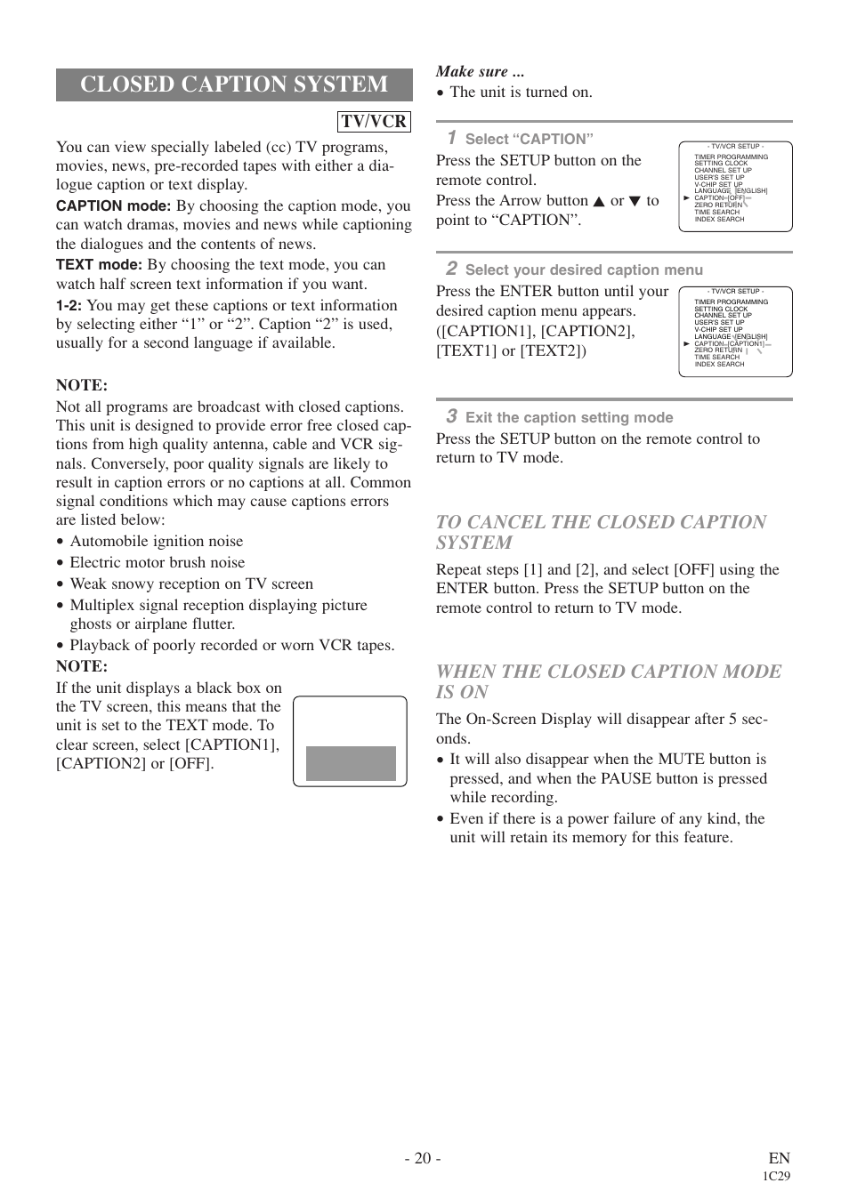 Closed caption system, When the closed caption mode is on | Sylvania 6719DE User Manual | Page 20 / 56