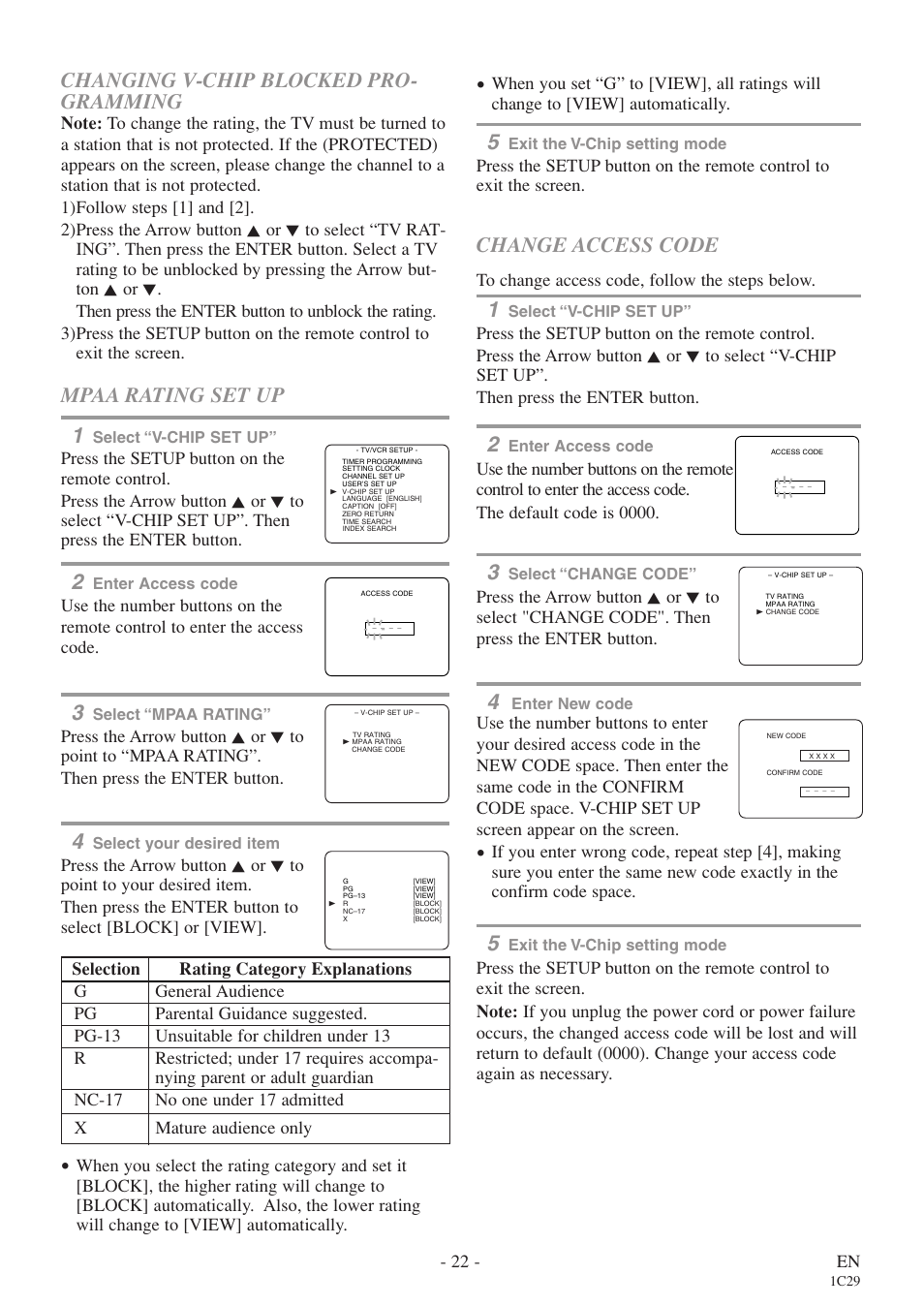 Changing v-chip blocked pro- gramming, Mpaa rating set up 1, Change access code | Sylvania 6719DE User Manual | Page 22 / 56