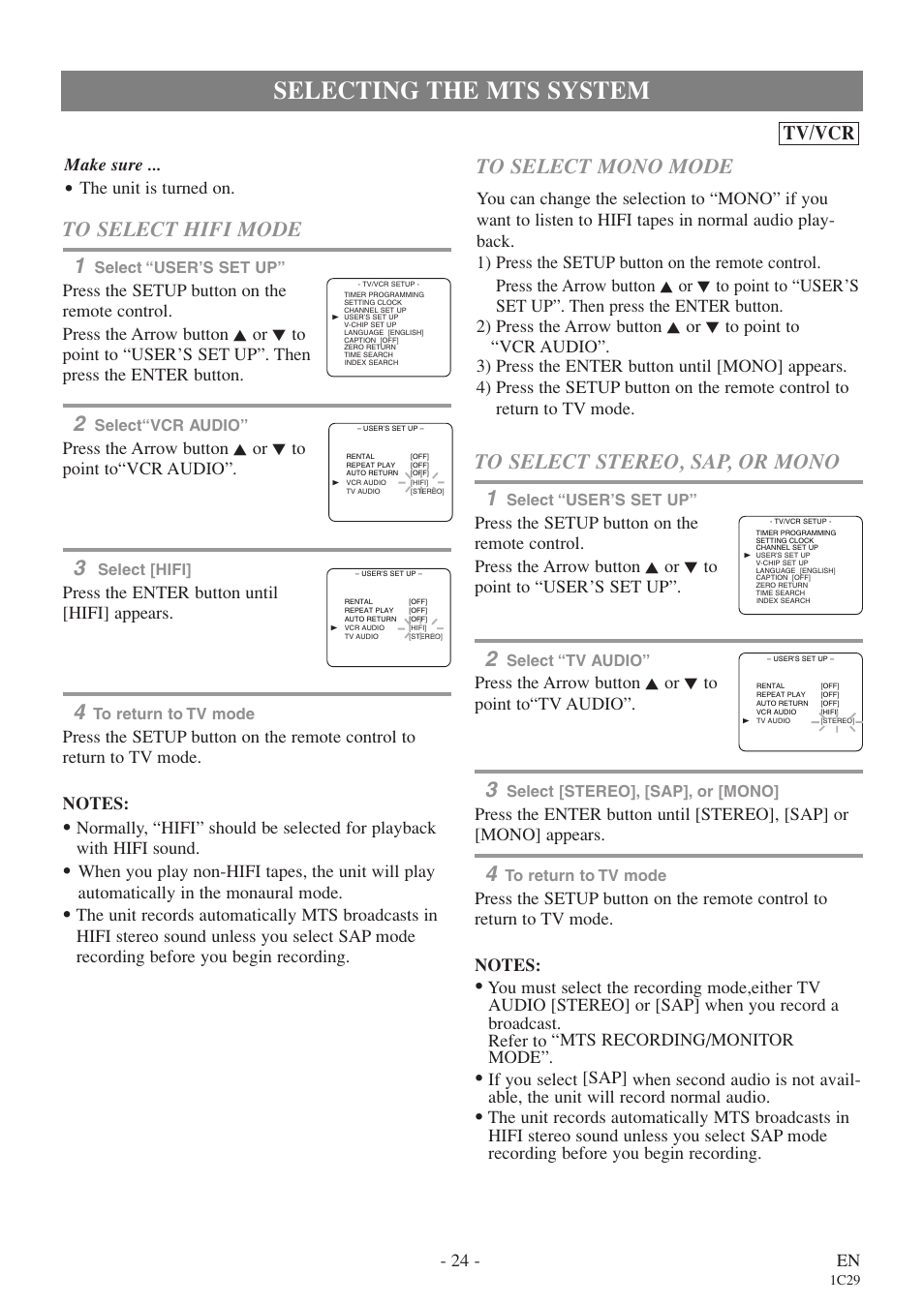 Selecting the mts system, Tv/vcr, 24 - en | Make sure, The unit is turned on, Press the enter button until [hifi] appears, Press the arrow button k or l to point to“tv audio | Sylvania 6719DE User Manual | Page 24 / 56