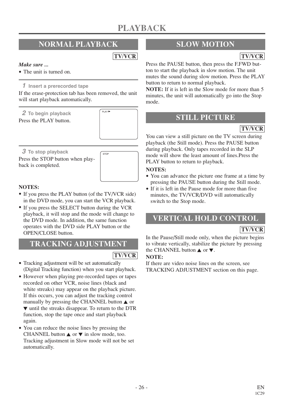 Playback, Normal playback, Tracking adjustment | Still picture, Vertical hold control, Slow motion | Sylvania 6719DE User Manual | Page 26 / 56