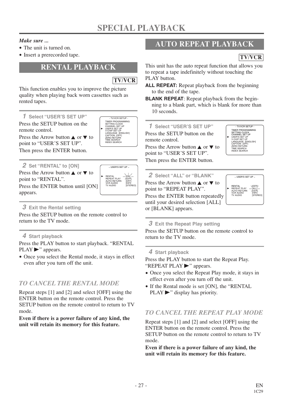 Special playback, Rental playback, Auto repeat playback | Tv/vcr | Sylvania 6719DE User Manual | Page 27 / 56