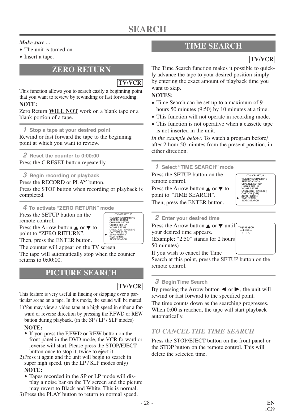 Search, Zero return, Picture search | Time search | Sylvania 6719DE User Manual | Page 28 / 56